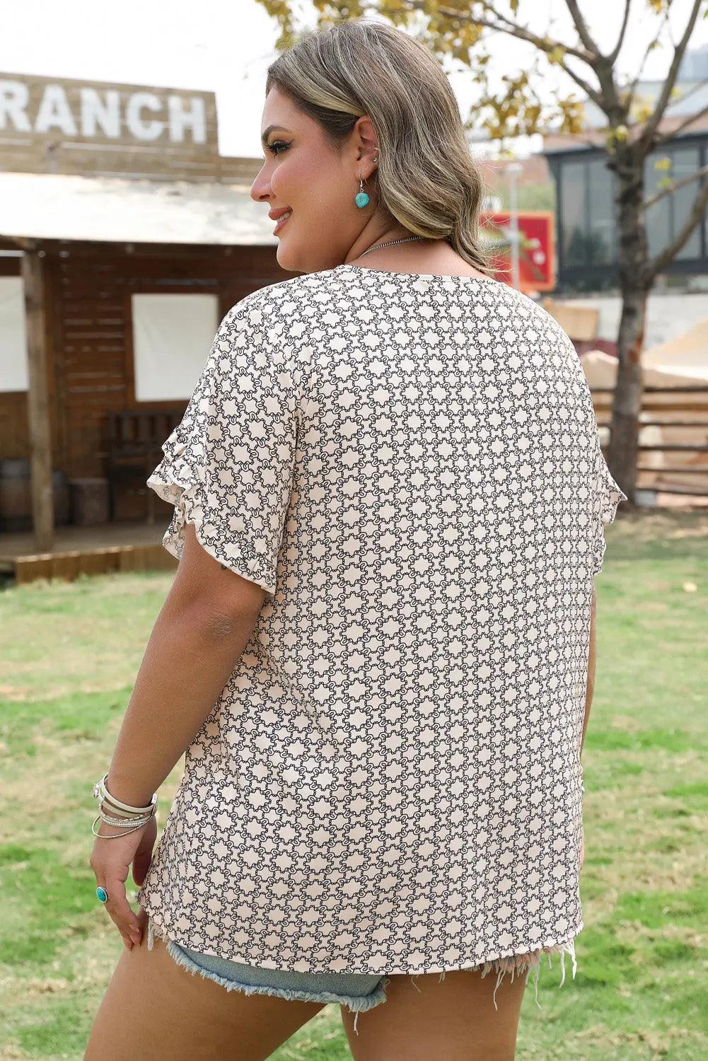 Faith Plus Size Geometric Ruffled Sleeve Blouse Threaded Pear