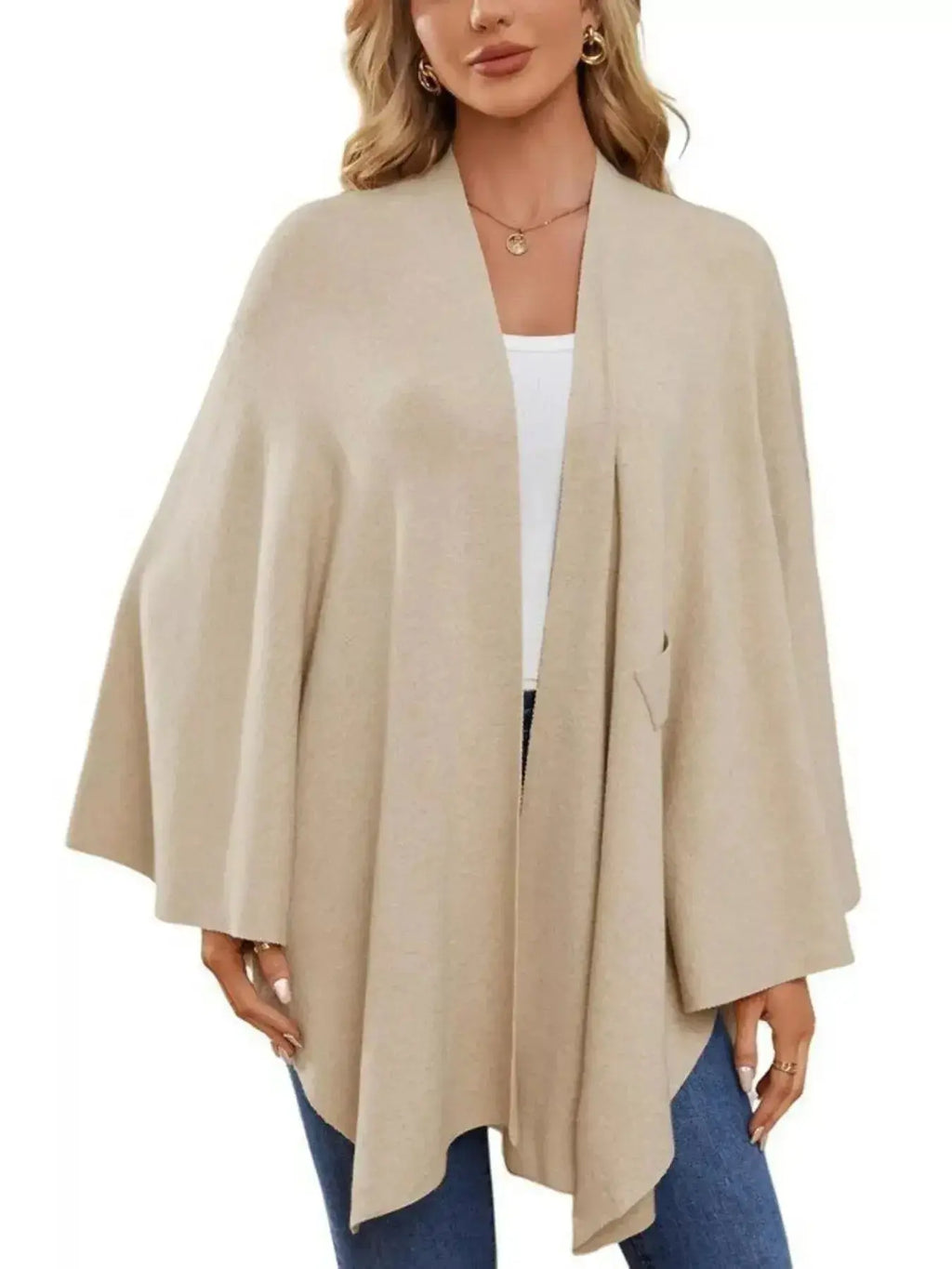 Solid Color Tie-Front Knit Cape Top - DaisyDrop 