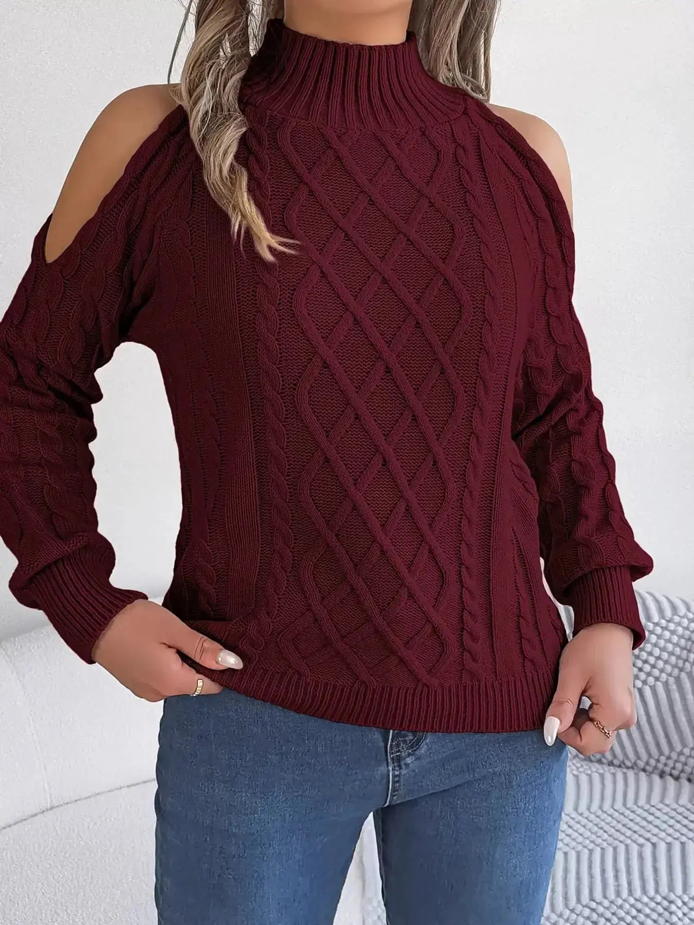 Cable Knit Cold Shoulder Turtleneck Sweater - DaisyDrop 