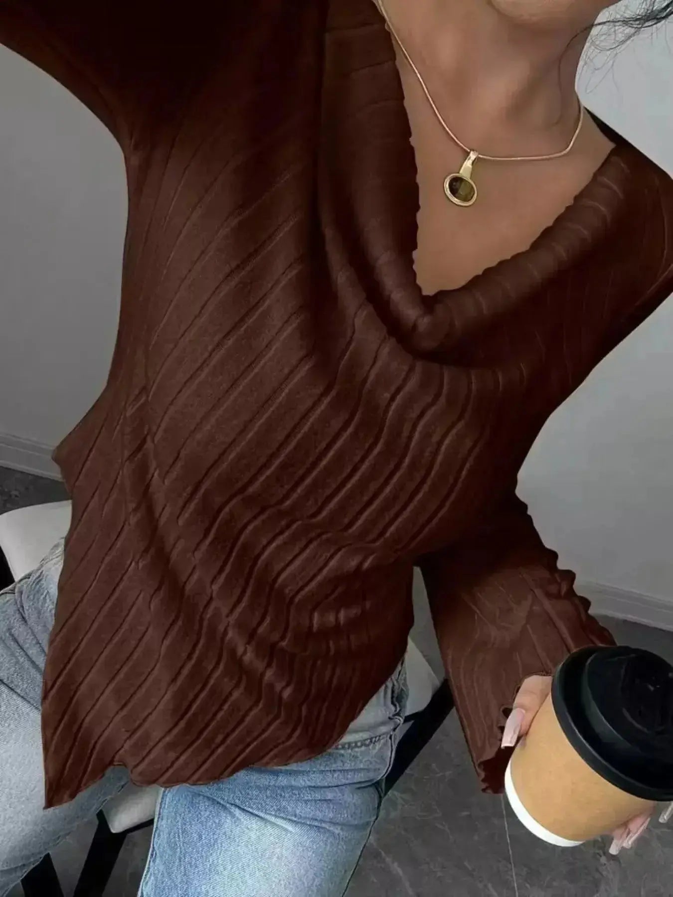 Cowl Neck Ribbed Knit Top - DaisyDrop 