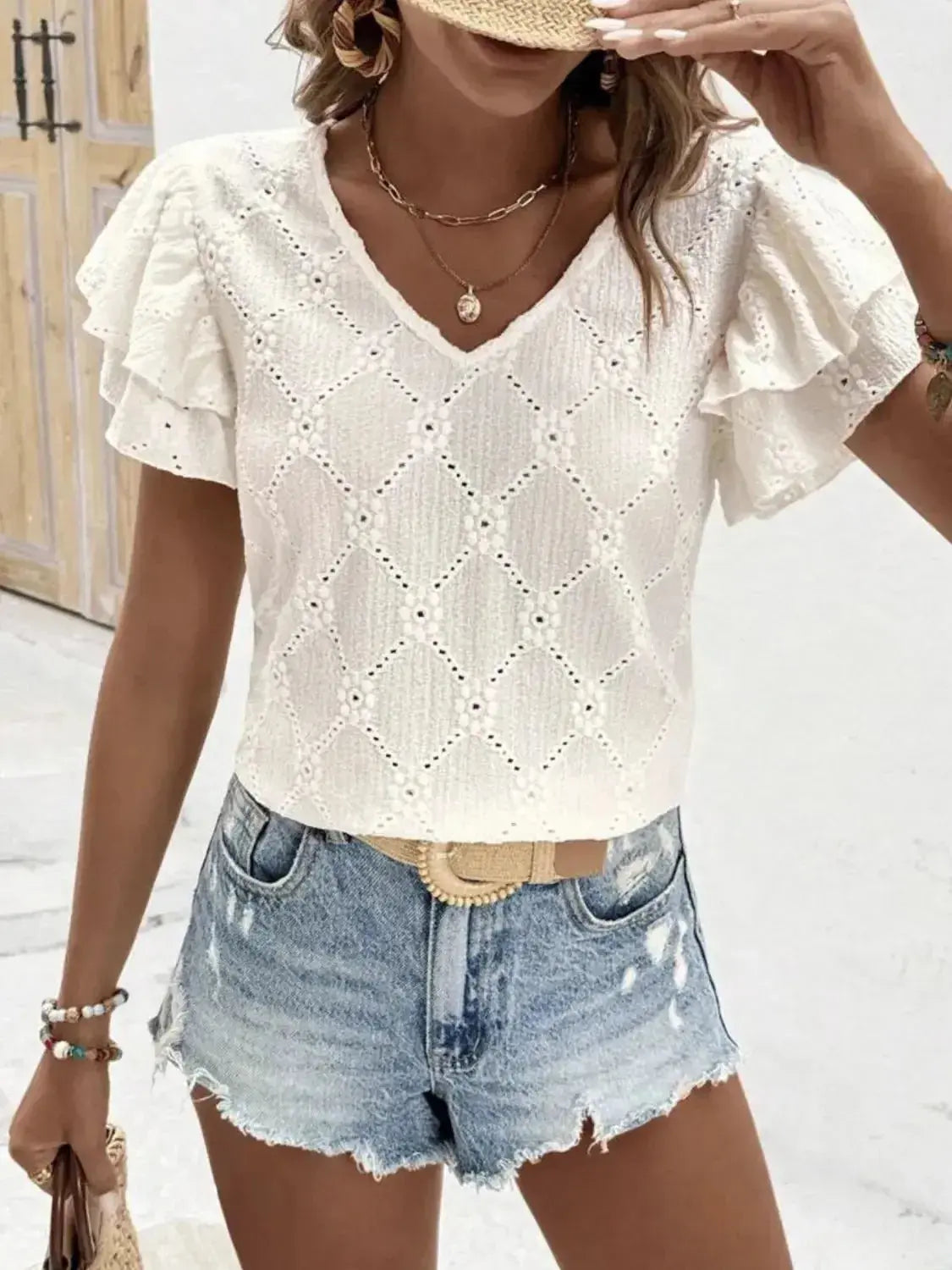 Eyelet V-Neck Short Sleeve Blouse - DaisyDrop 