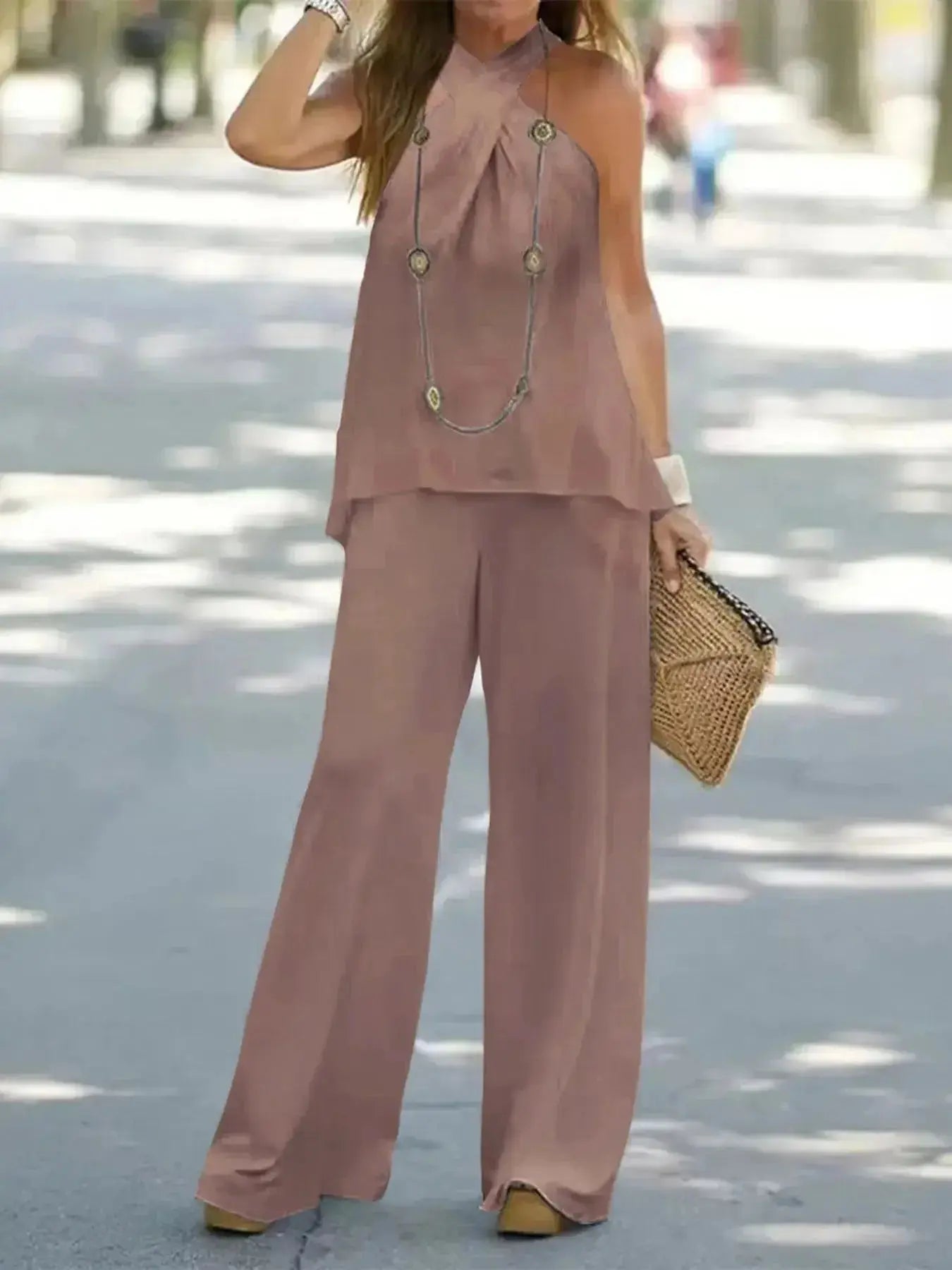Halter Top and Wide Leg Pants Matching Set - DaisyDrop 