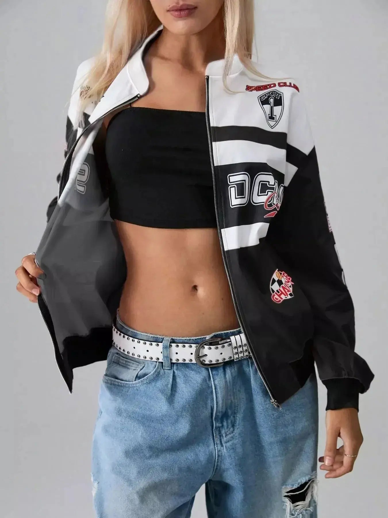 Letter Zip Up Dropped Shoulder Jacket - DaisyDrop 