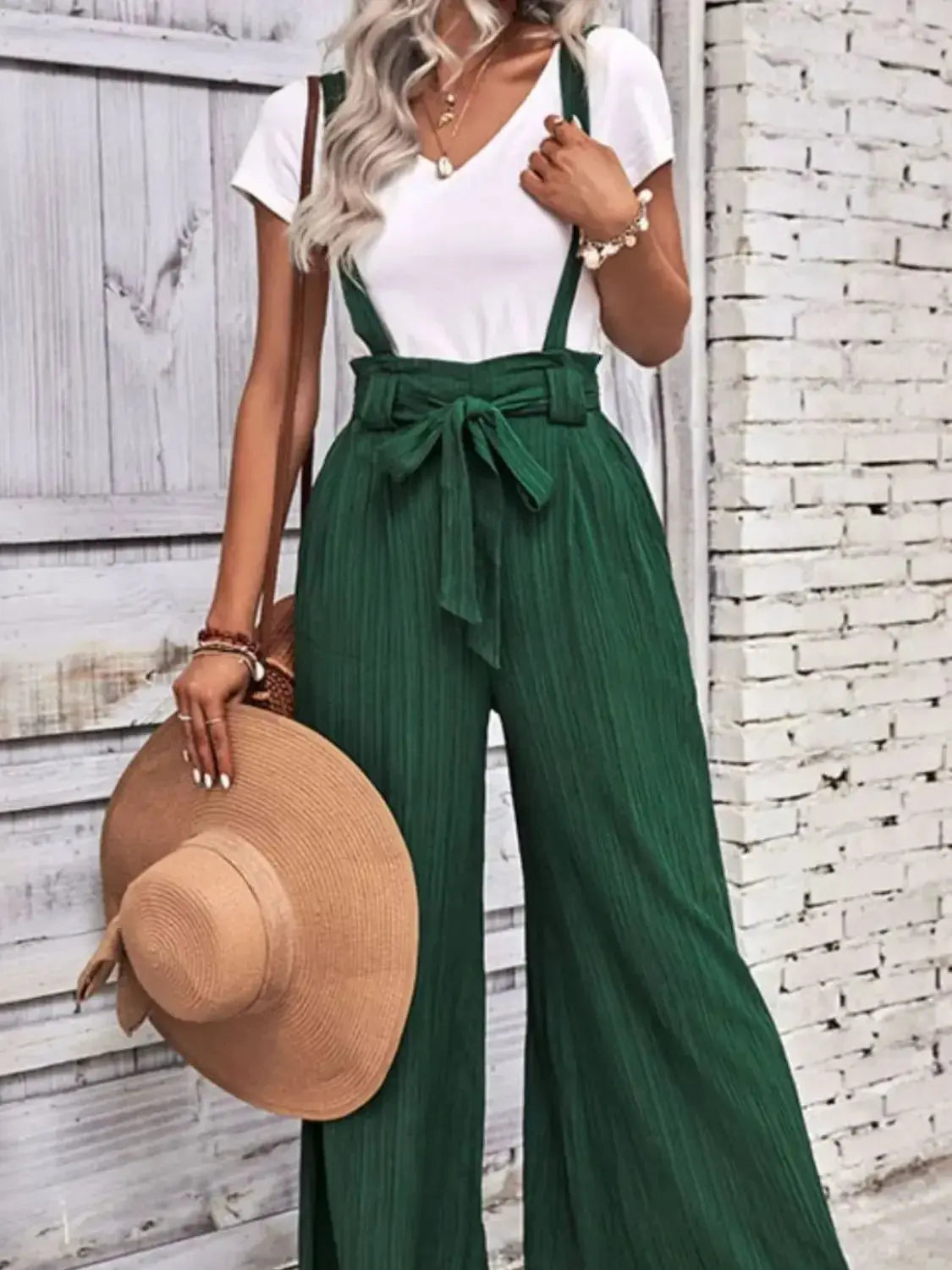 Perfee Tie Belt Wide Leg Overalls - DaisyDrop 