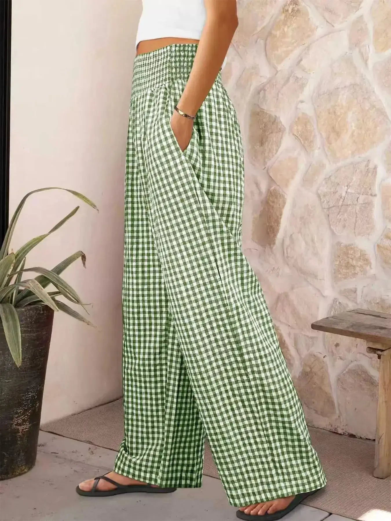 Gingham High-Waisted Wide Leg Pants - DaisyDrop 