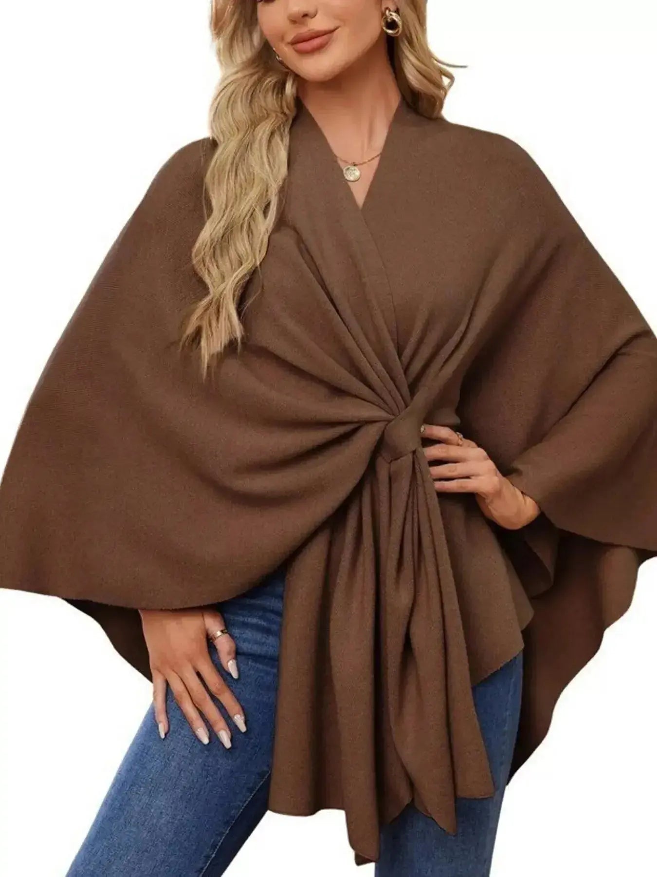 Solid Color Tie-Front Knit Cape Top - DaisyDrop 