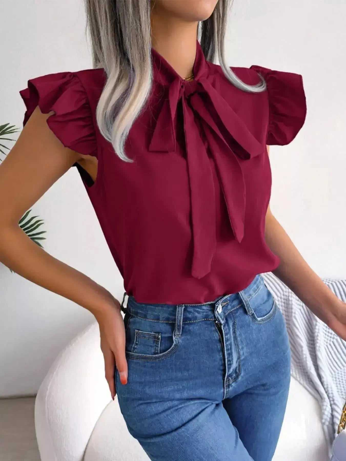 Bow Tie Ruffle Sleeve Blouse - DaisyDrop 