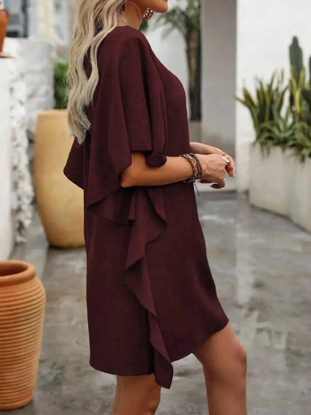 Ruffled Flutter Sleeve V-Neck Mini Dress - DaisyDrop 