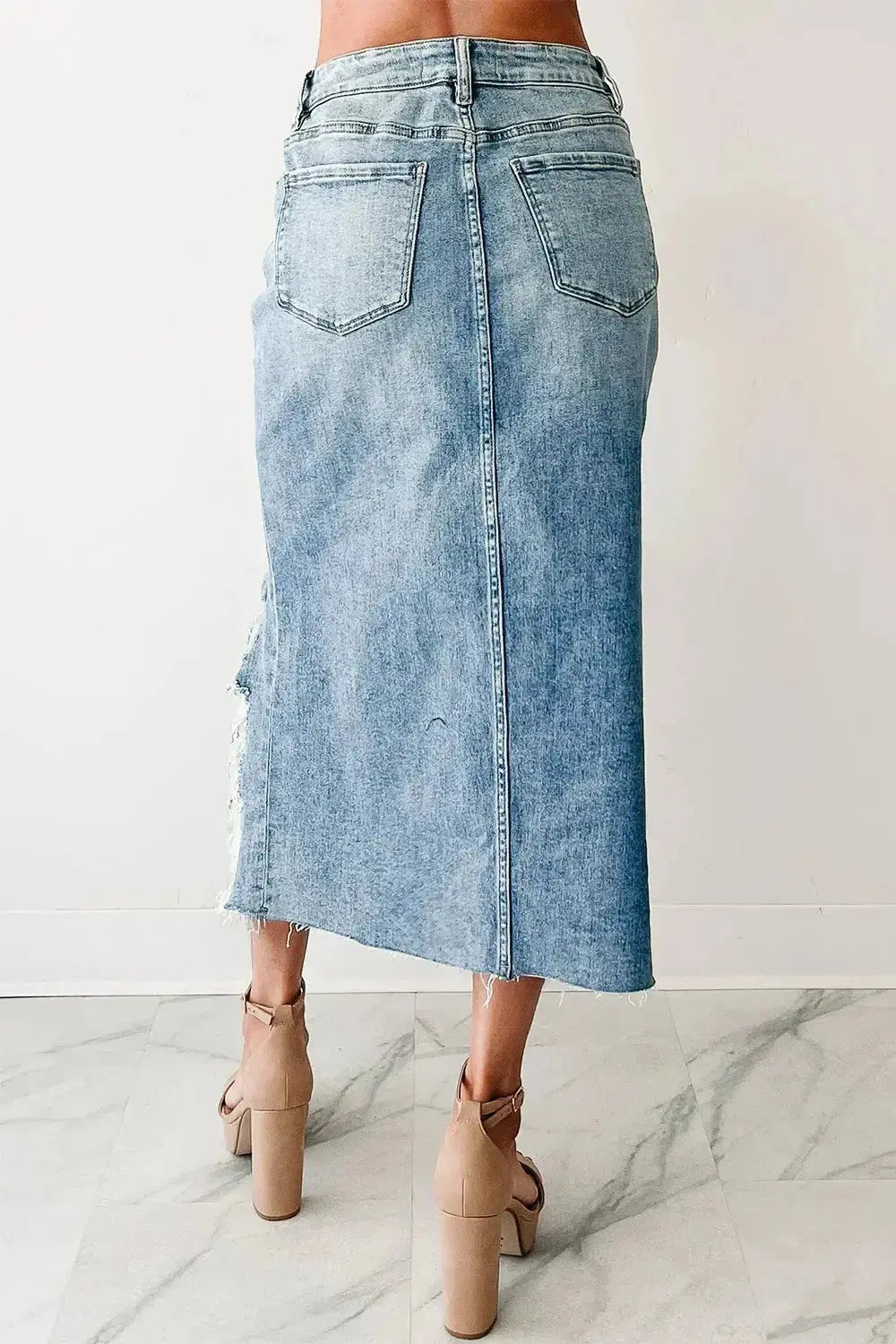 Distressed Asymmetrical Denim Skirt with Frayed Hem - DaisyDrop 