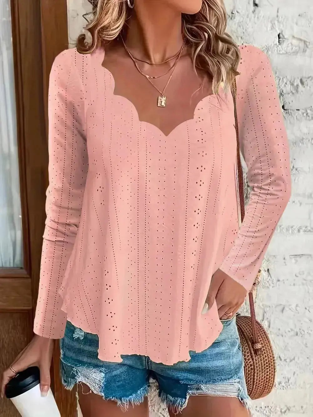 Eyelet Long Sleeve Blouse - DaisyDrop 