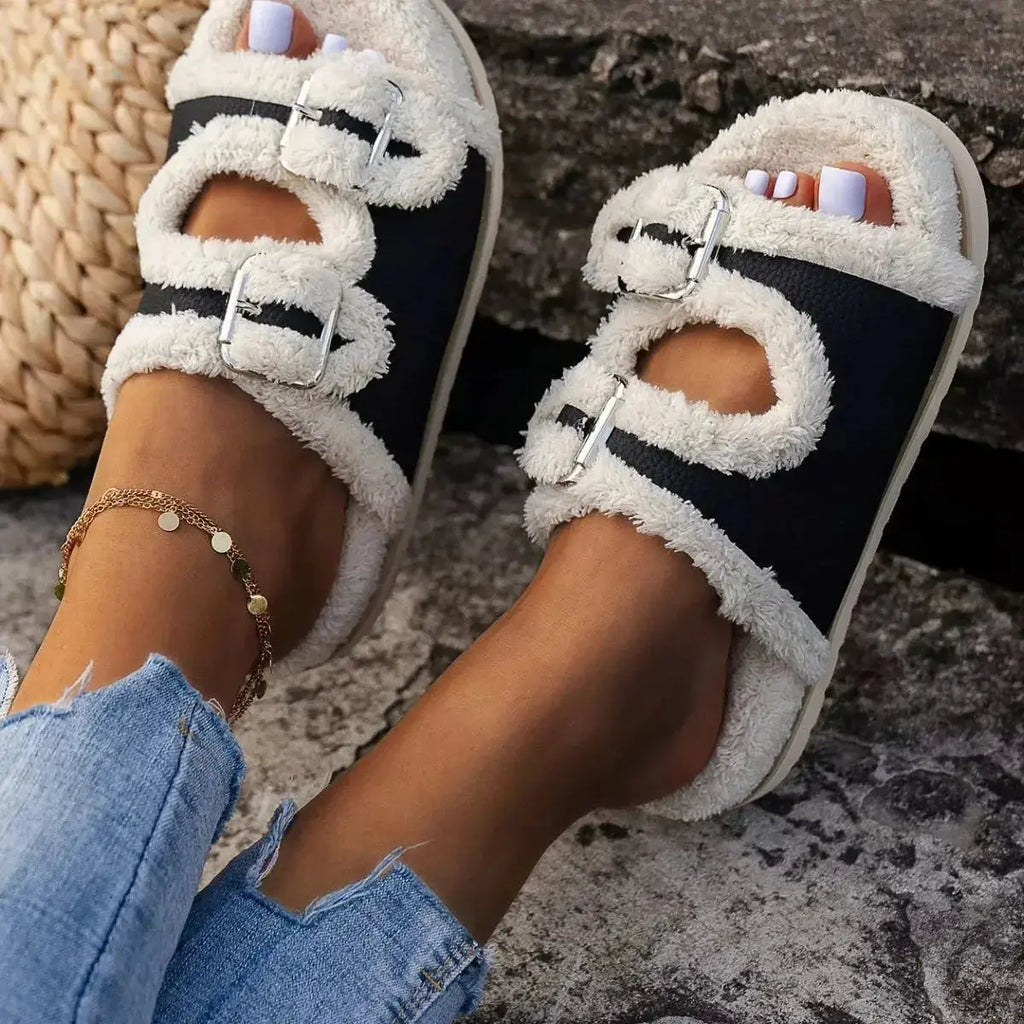 Buckle Decor Plush Lined Platform Slippers - DaisyDrop 