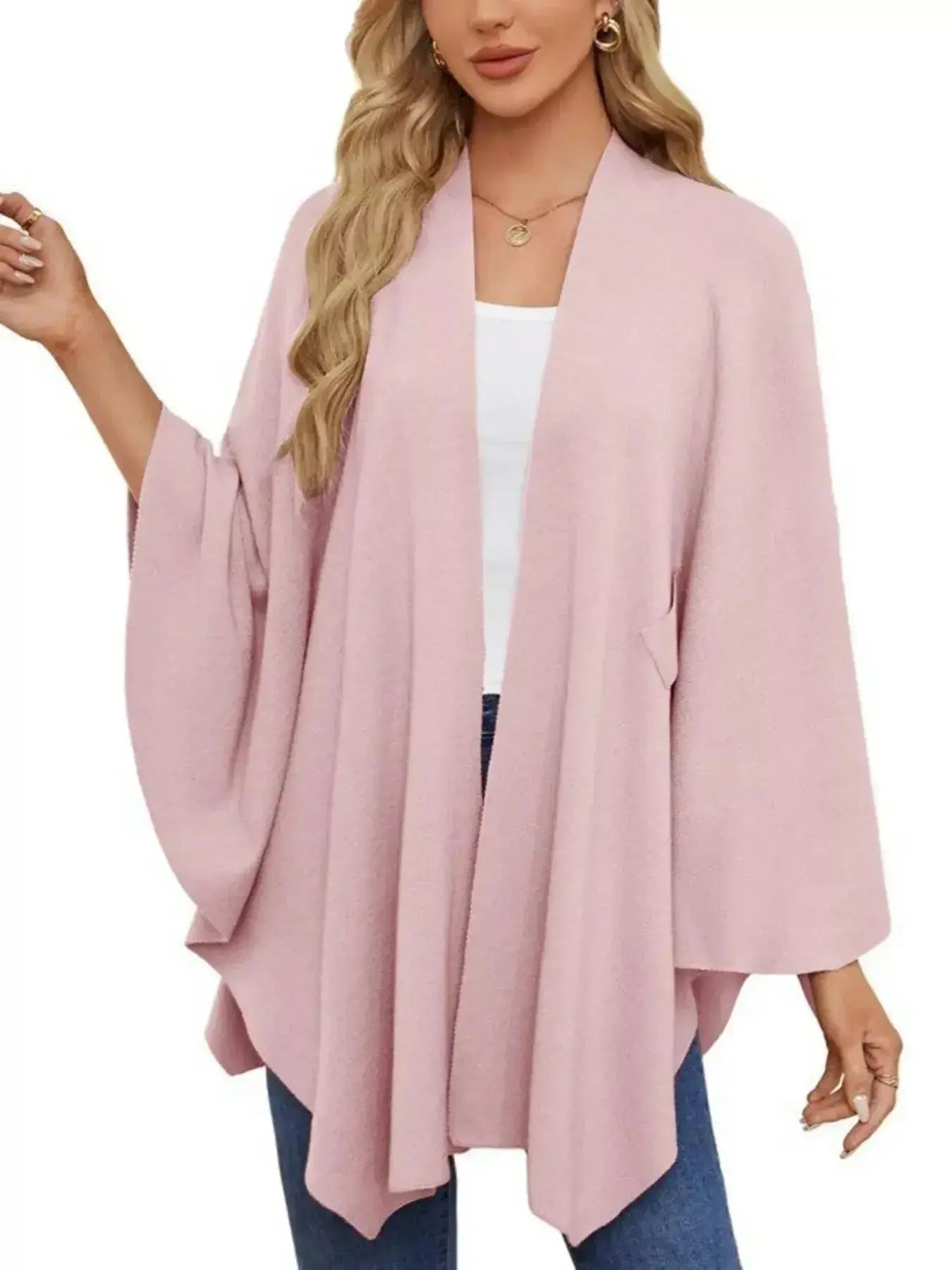 Solid Color Tie-Front Knit Cape Top - DaisyDrop 