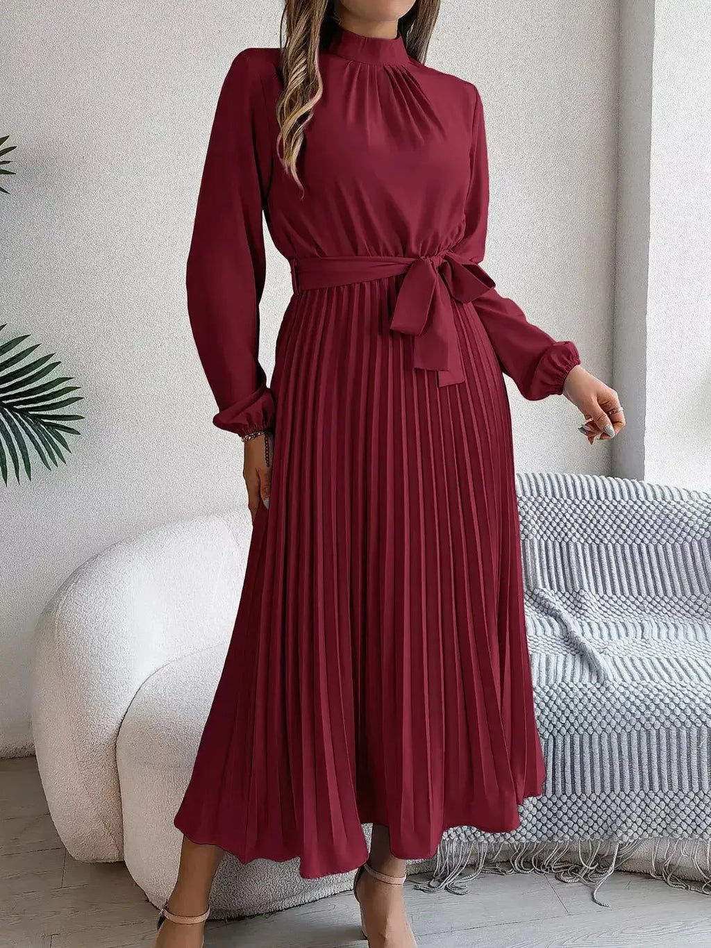Mock Neck Pleated Midi Dress - DaisyDrop 