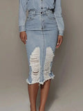Distressed Slit Denim Skirt - DaisyDrop 