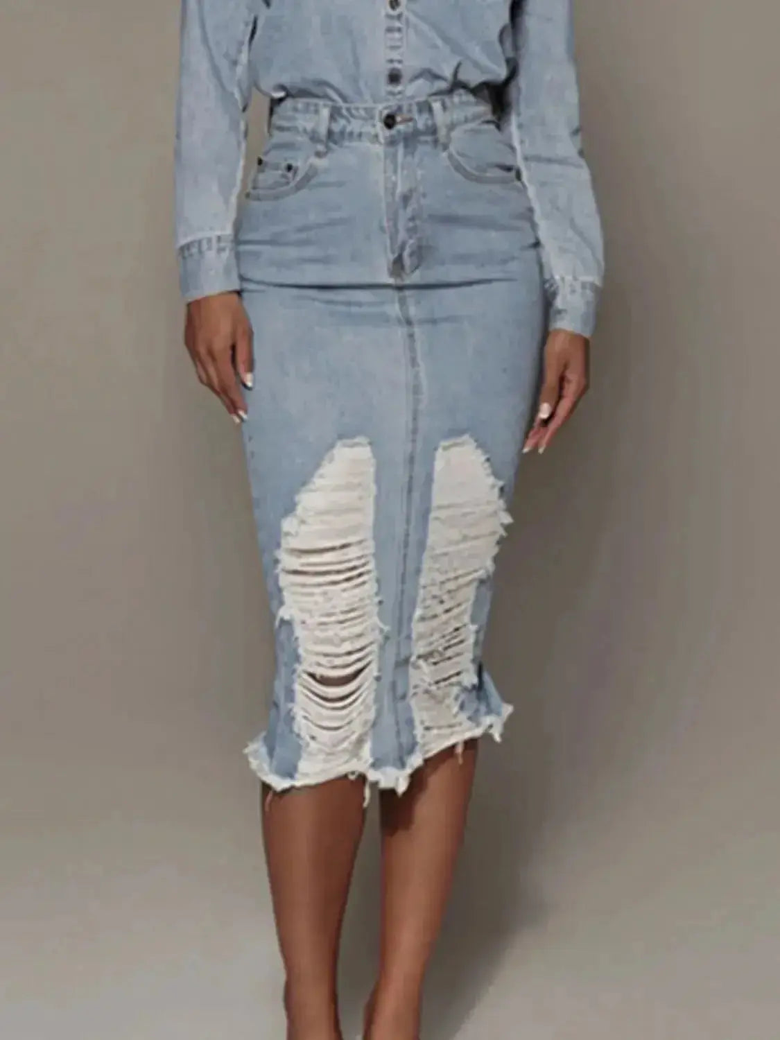 Distressed Slit Denim Skirt - DaisyDrop 