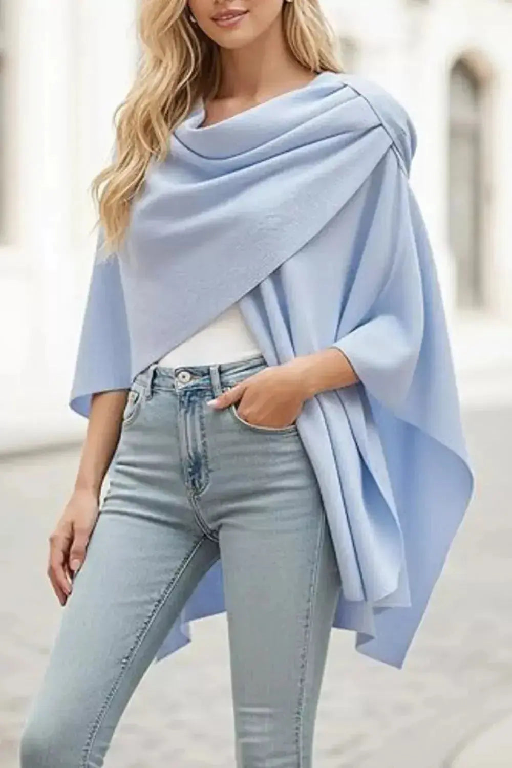 Draped Knitted Split Cape Shawl with Strap - DaisyDrop 