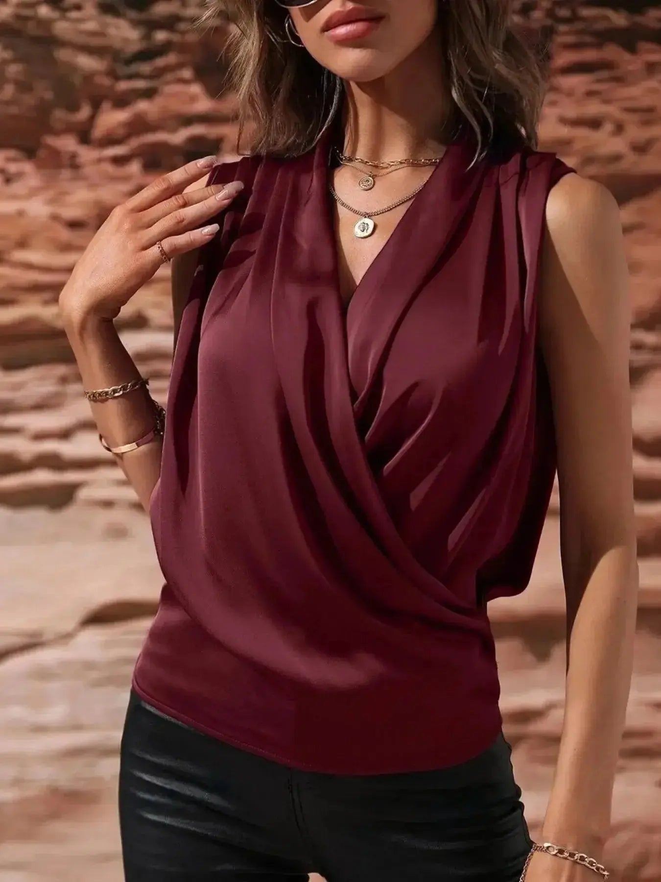 Sleeveless Wrap Draped Blouse - DaisyDrop 