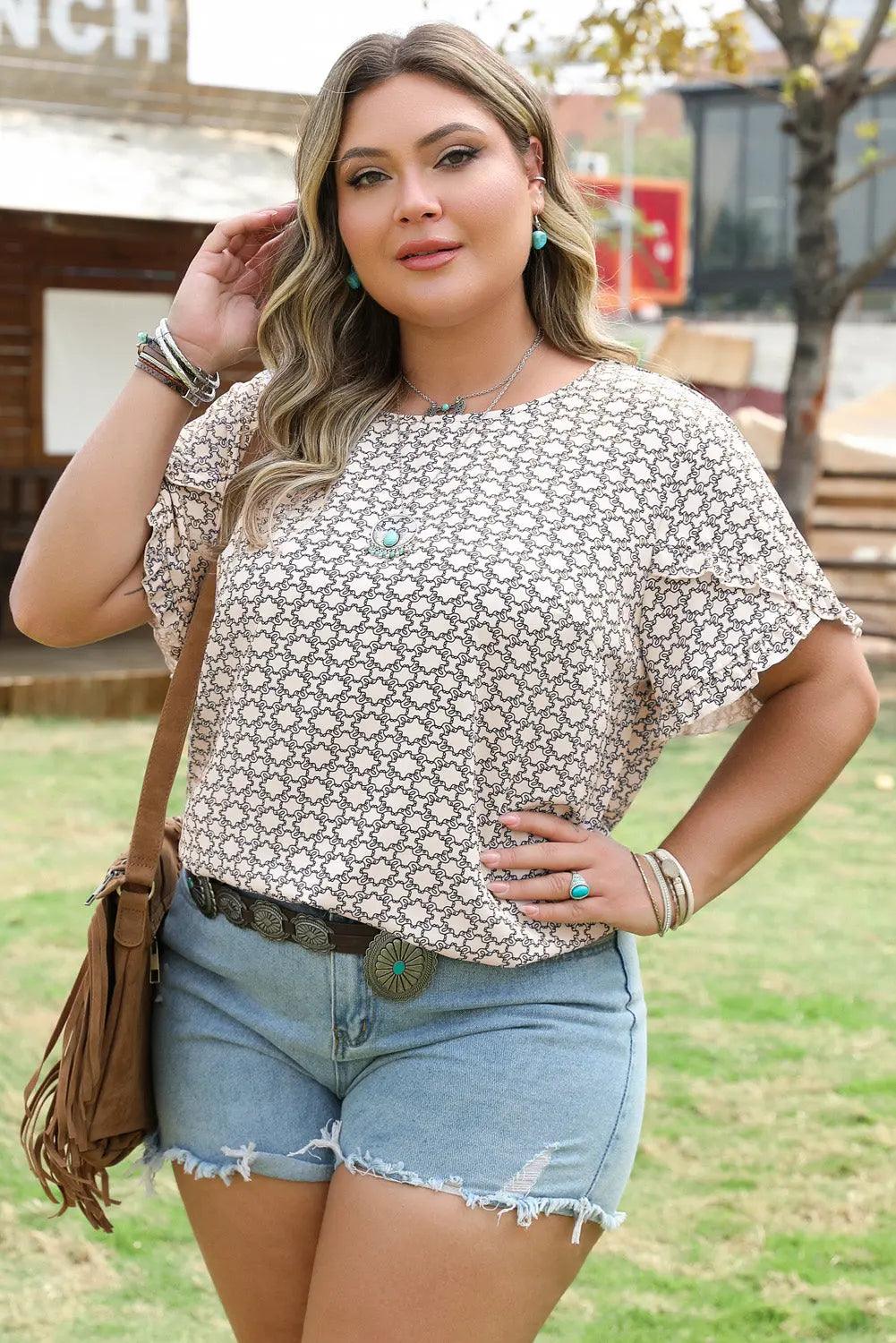 Faith Plus Size Geometric Ruffled Sleeve Blouse Threaded Pear