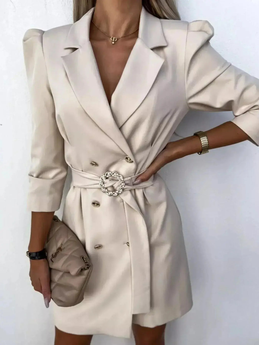 3/4 Sleeve Belted Blazer Dress - DaisyDrop 