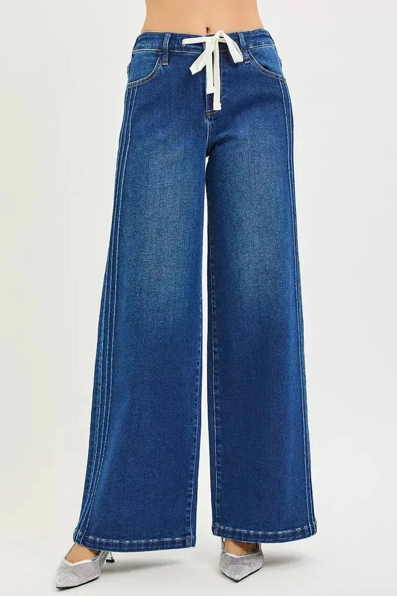 RISEN Full Size Mid Rise Wide Side Pintuck Jeans with Front Drawstring Plus Size - DaisyDrop 