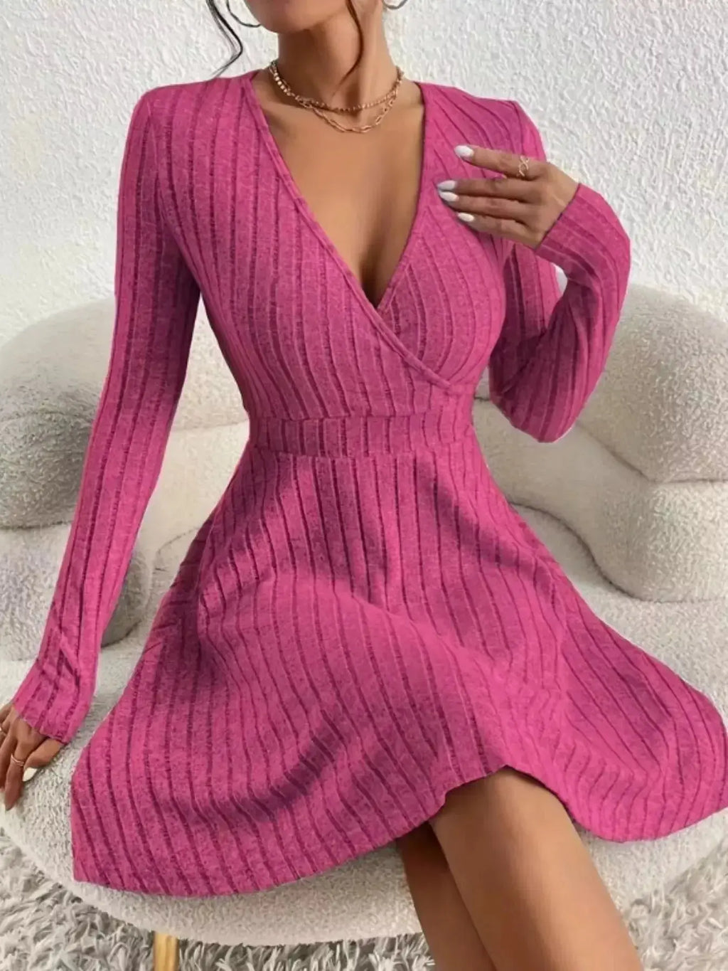 Ribbed Knit Wrap Mini Dress - DaisyDrop 