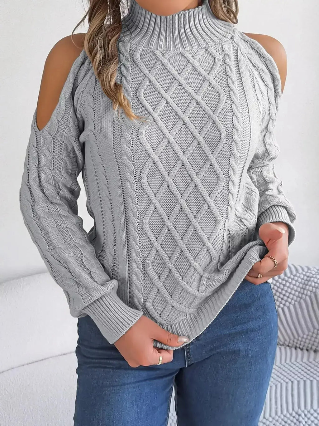 Cable Knit Cold Shoulder Turtleneck Sweater - DaisyDrop 