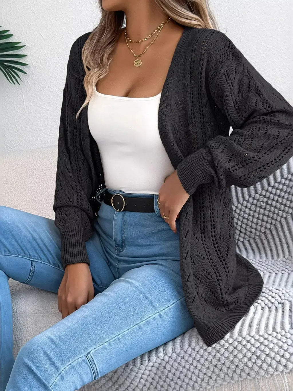 Openwork Open Front Cardigan - DaisyDrop 