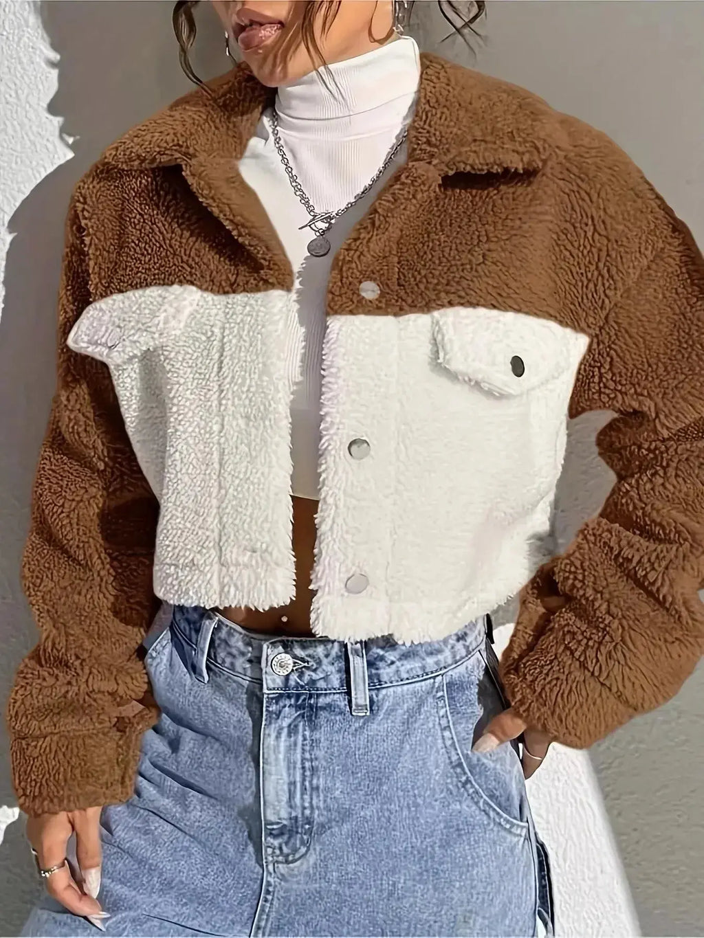 Two-Tone Plush Cropped Jacket - DaisyDrop 