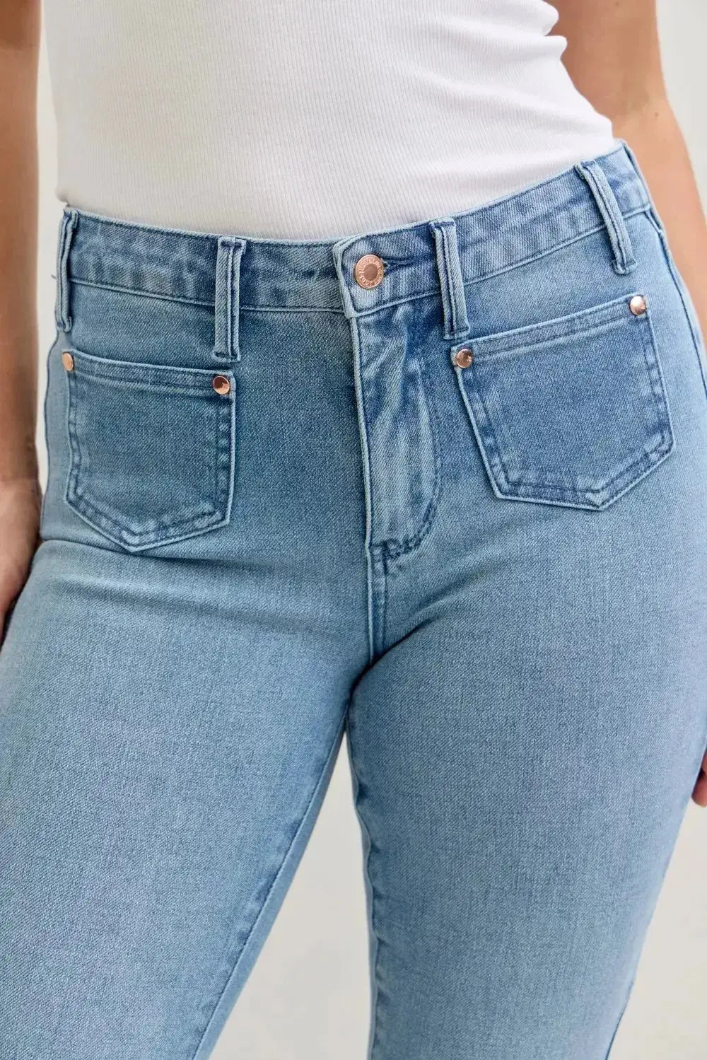 Judy Blue Full Size Mid Rise Bootcut Jeans with Contrast Wash & Front Patch Pockets Plus Size - DaisyDrop 