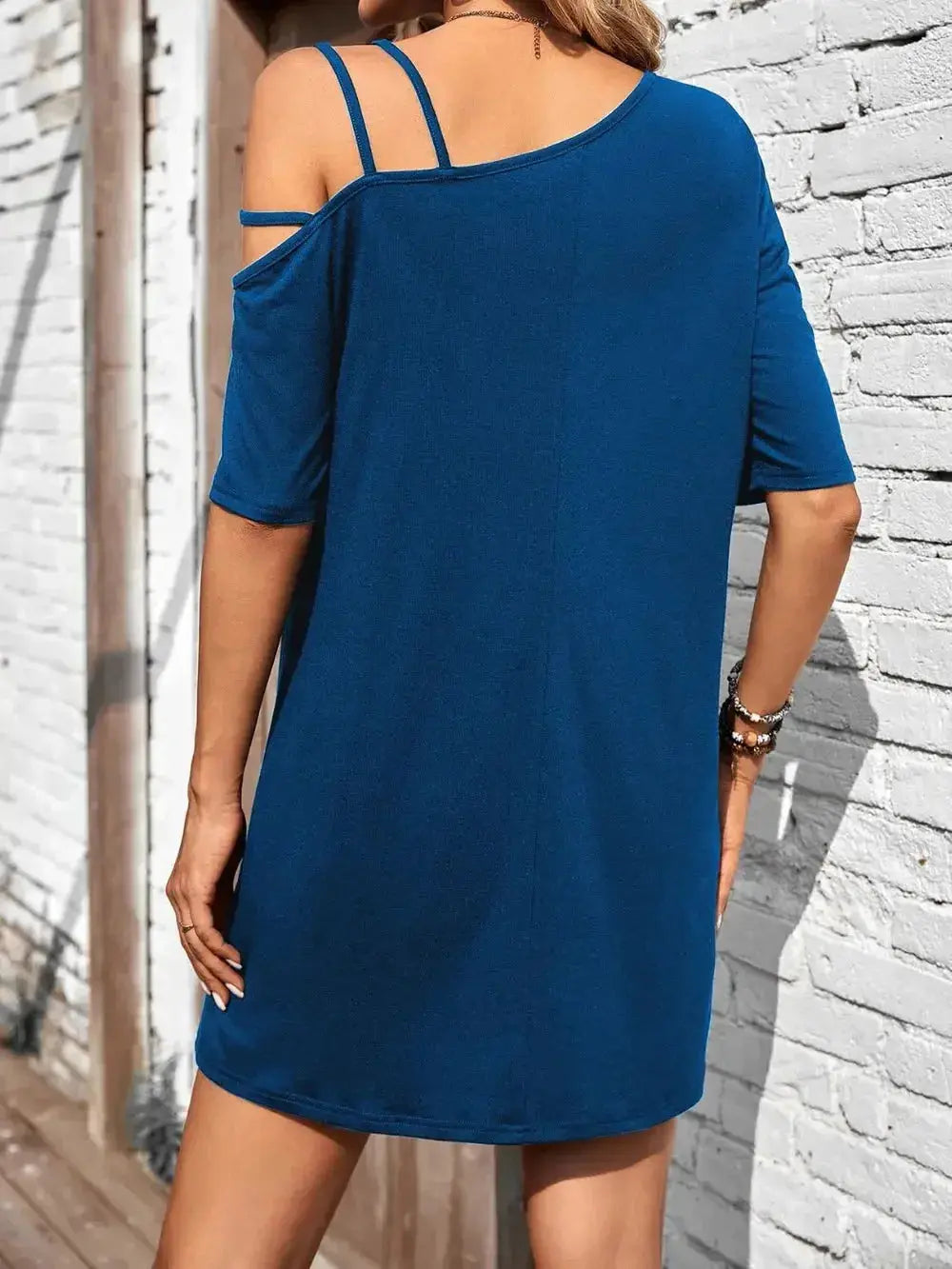 Asymmetrical Neck Half Sleeve Mini Dress - DaisyDrop 