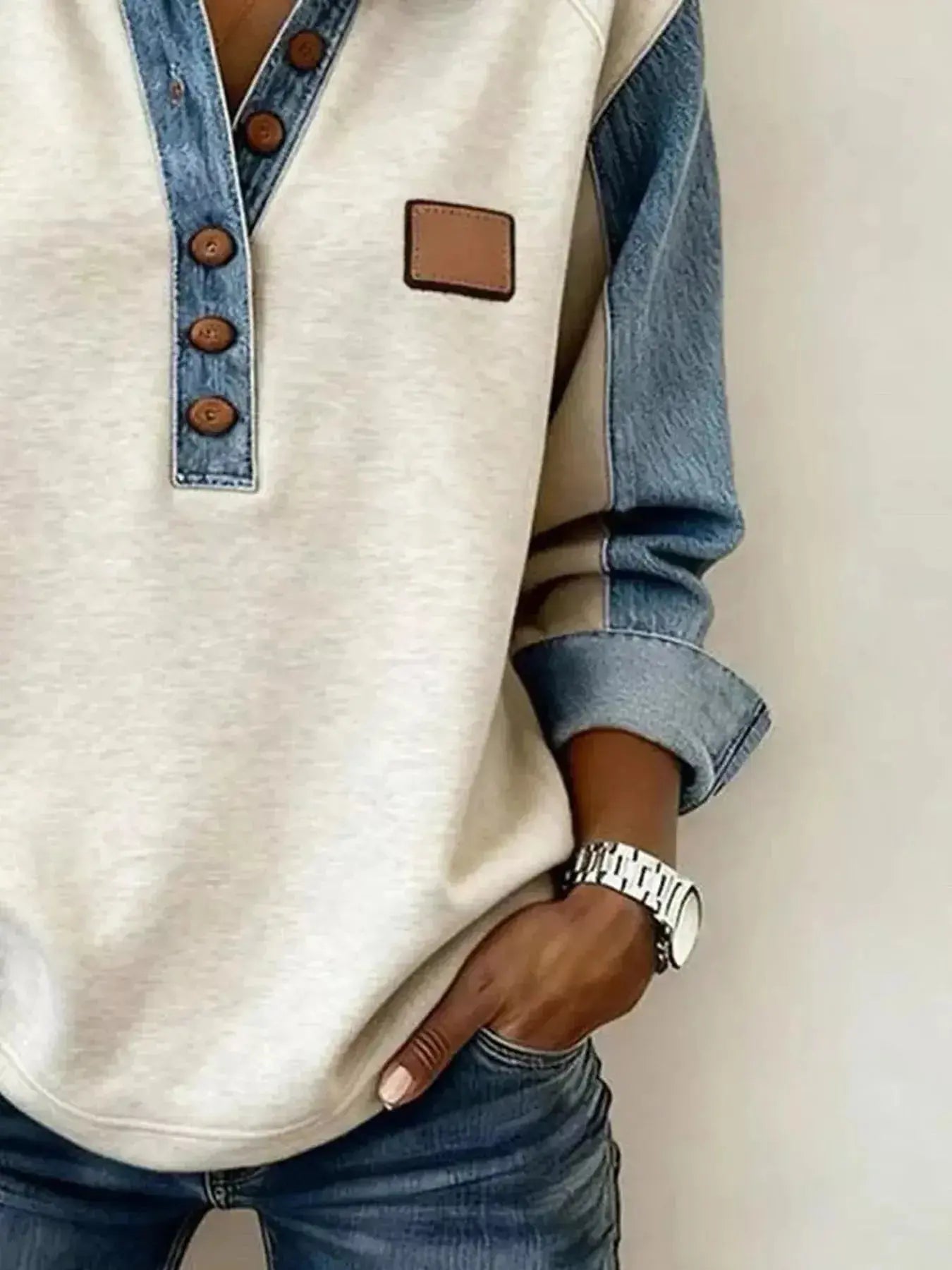 Denim Trim Button Detail Sweatshirt - DaisyDrop 