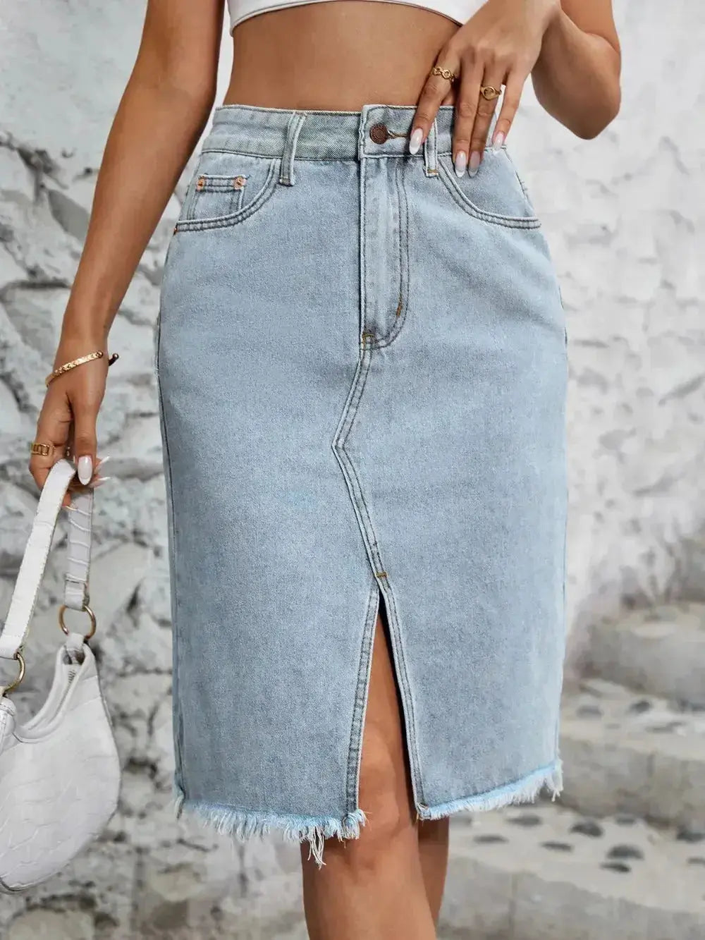 Raw Hem Slit Denim Skirt - DaisyDrop 
