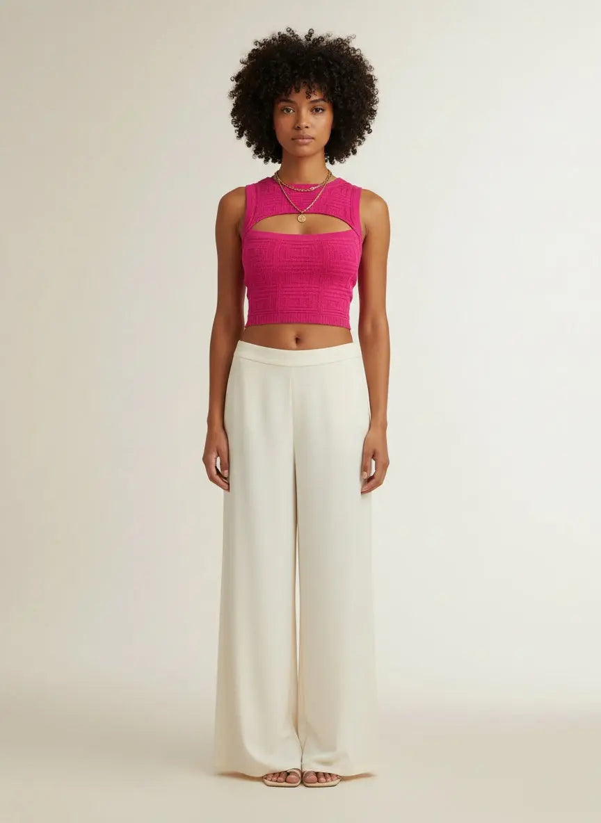 Full body view of the model wearing Cutout Sleeveless Knit Top