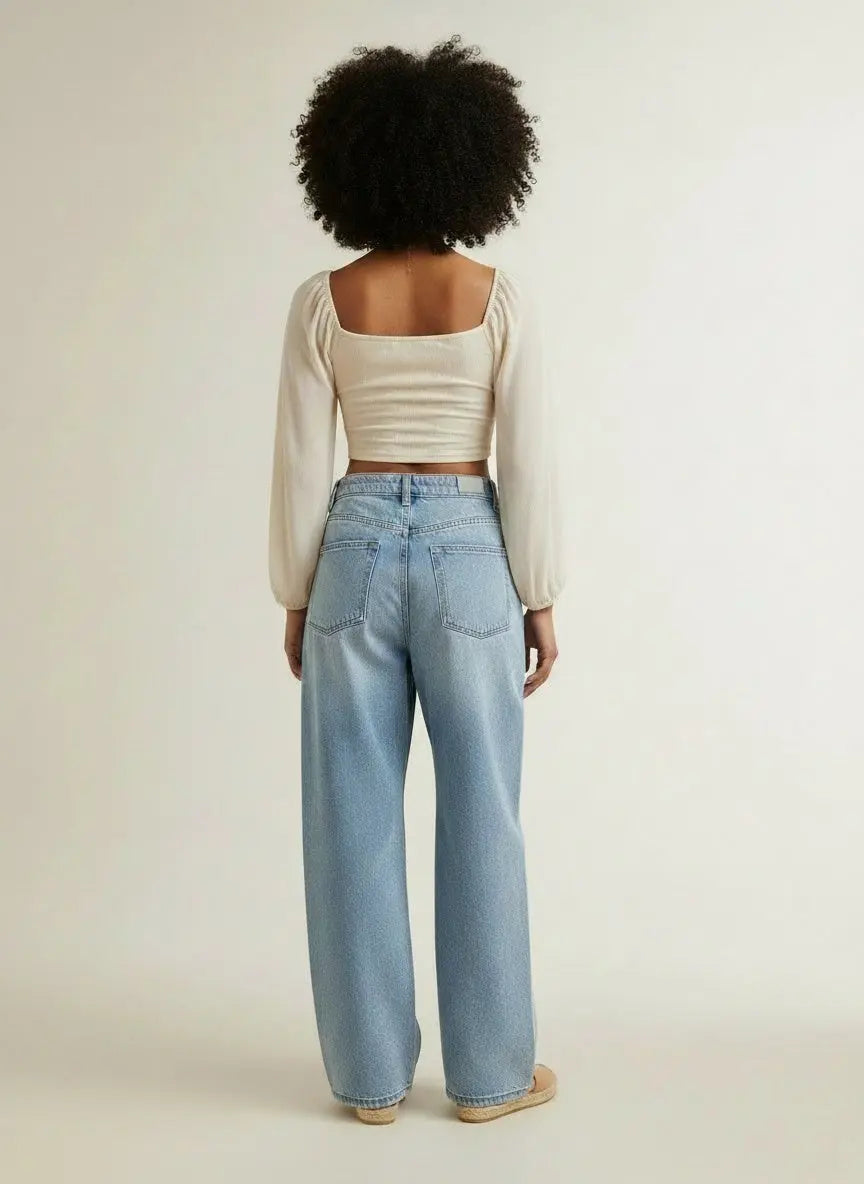 Back pose of the model wearing Drawstring Sweetheart Neck Cropped Top