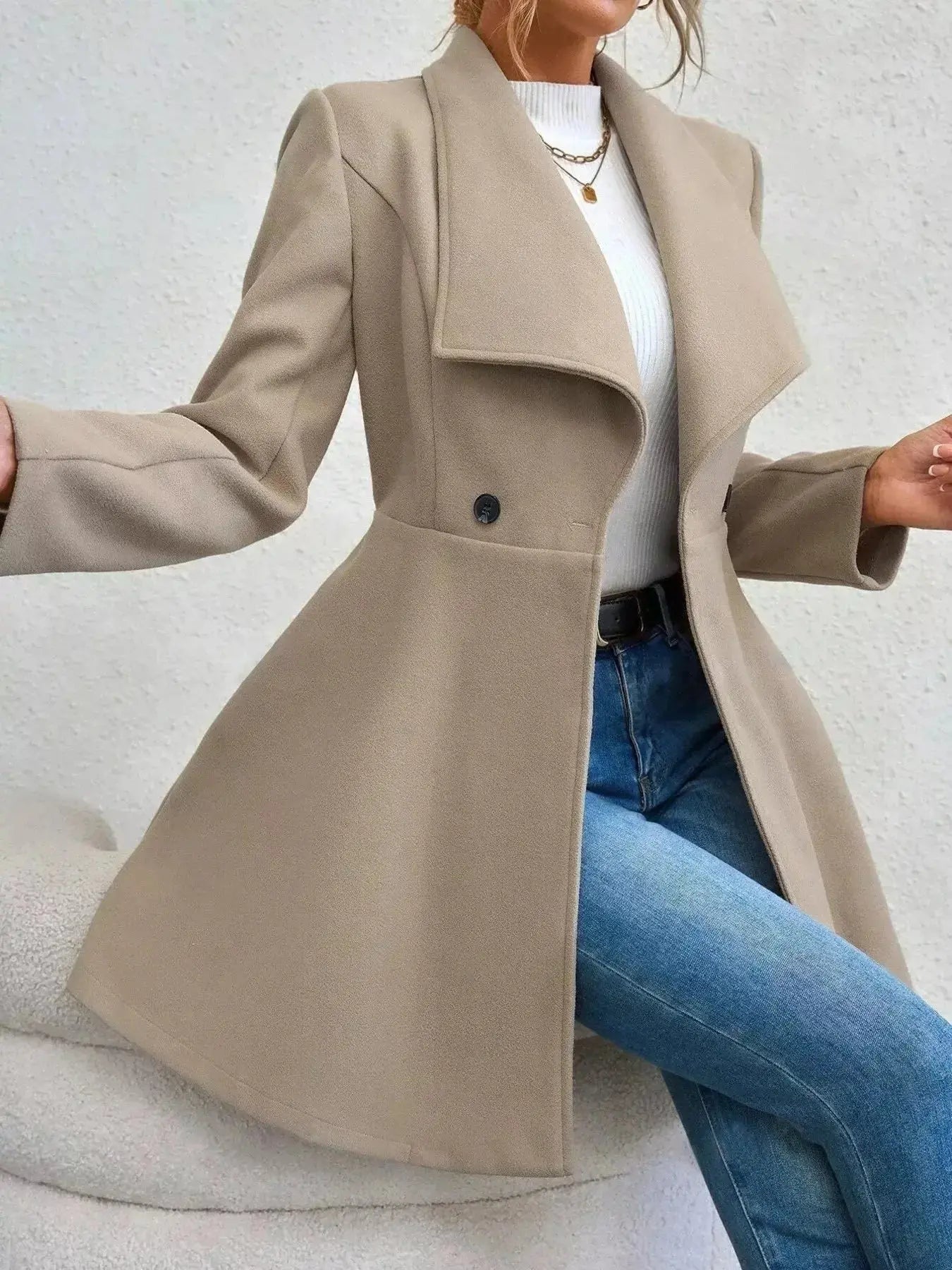Collared Neck Double Breasted Coat - DaisyDrop 
