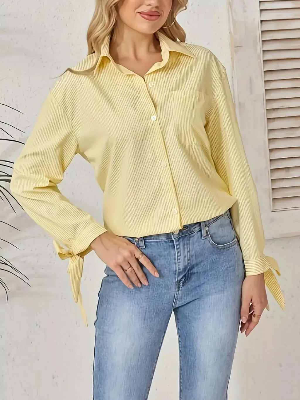 Striped Tie-Cuff Long Sleeve Shirt - DaisyDrop 