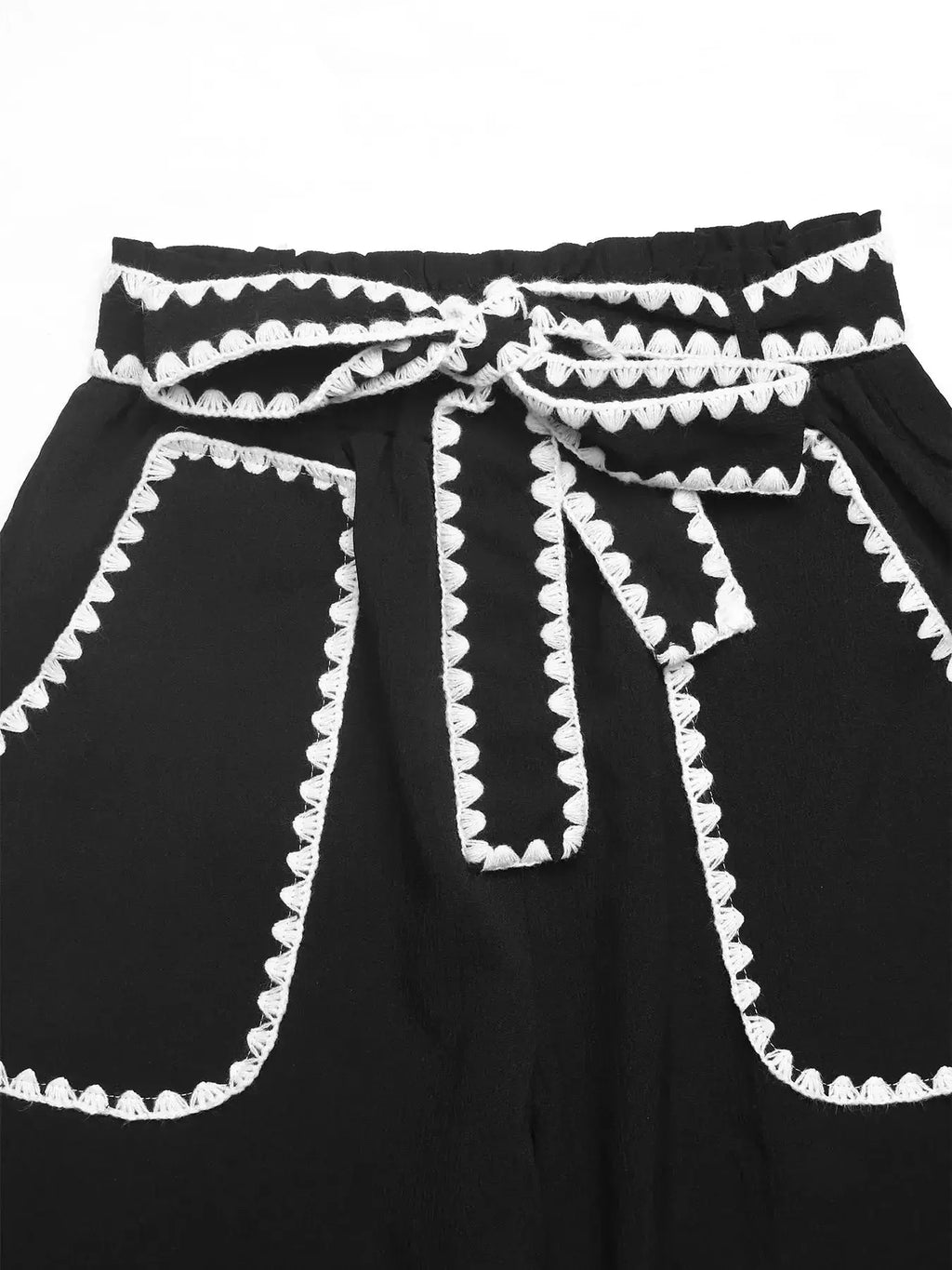 Crochet Trim Tie Waist Wide Leg Pants - DaisyDrop 