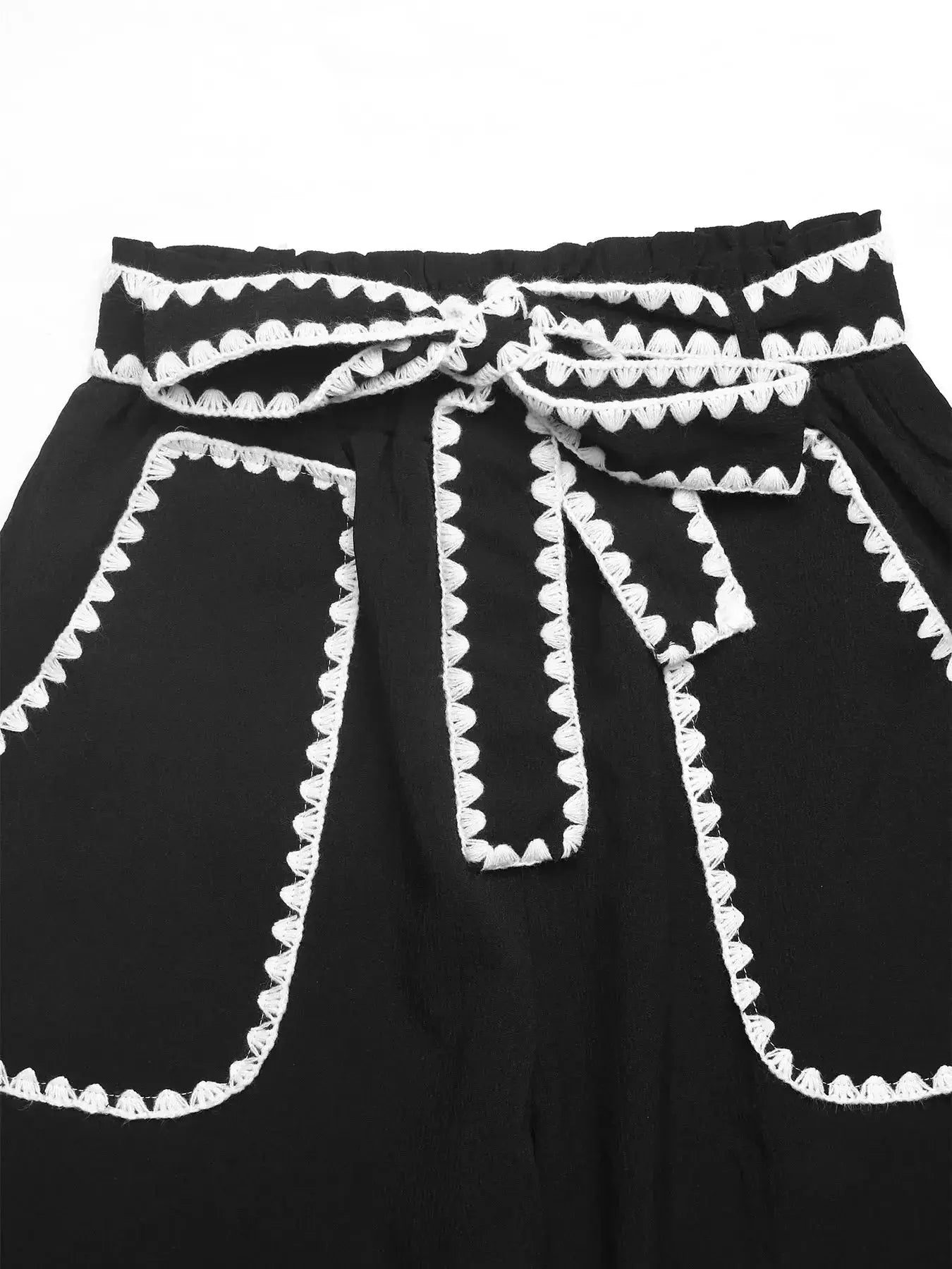 Crochet Trim Tie Waist Wide Leg Pants - DaisyDrop 