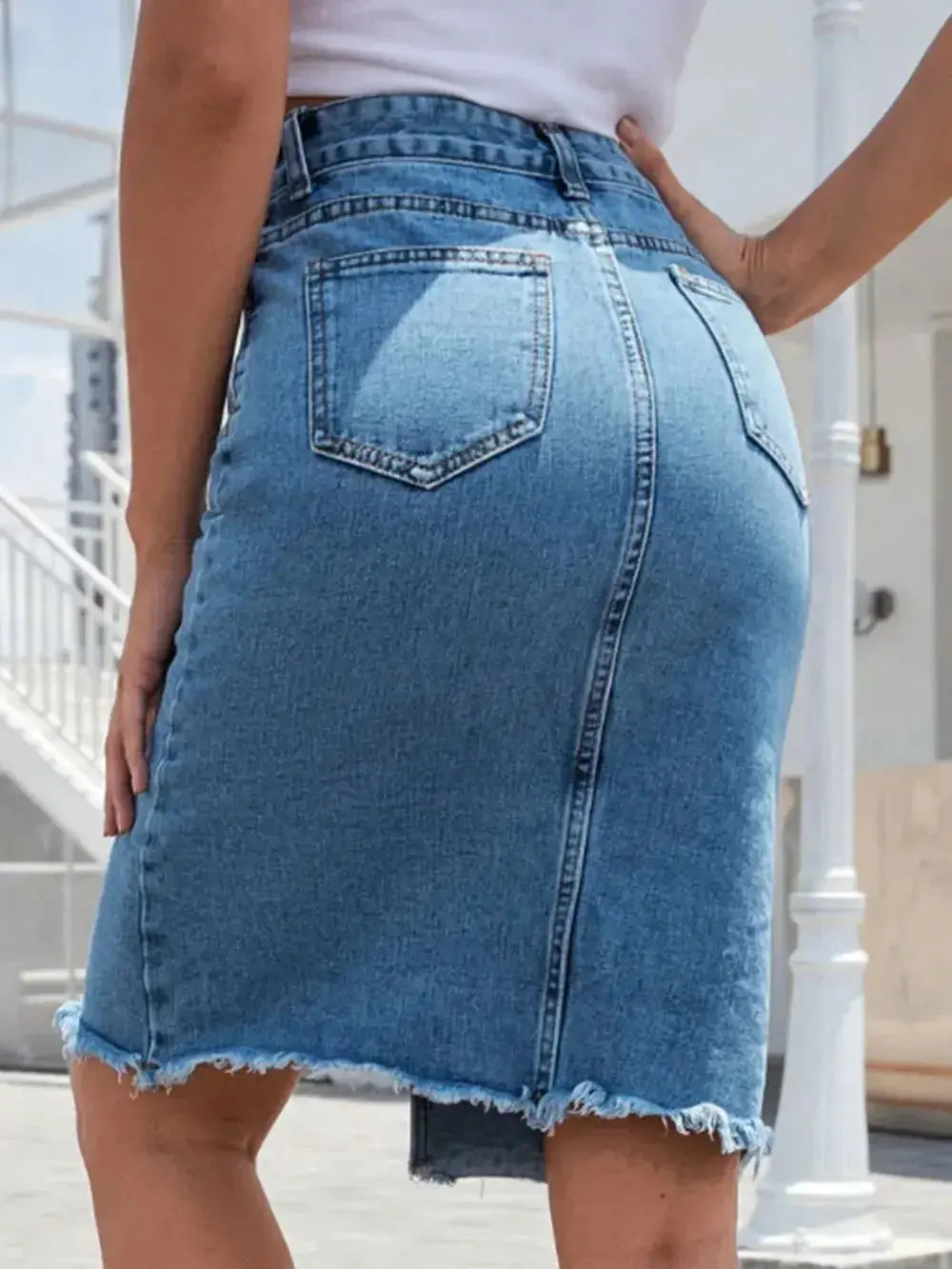 Raw Hem Slit Denim Skirt - DaisyDrop 