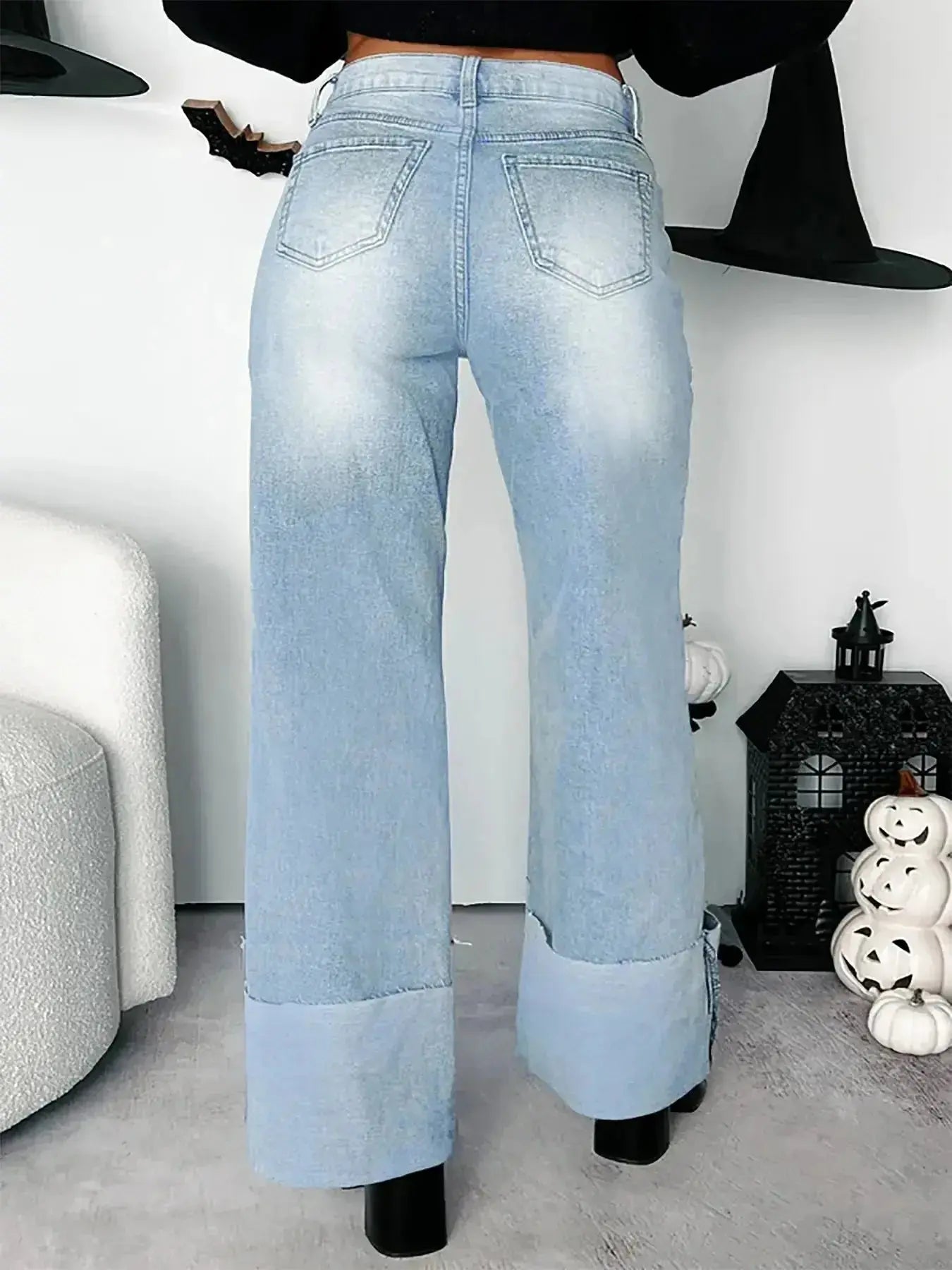 High-Waisted Wide-Leg Jeans with Cuffed Hem - DaisyDrop 