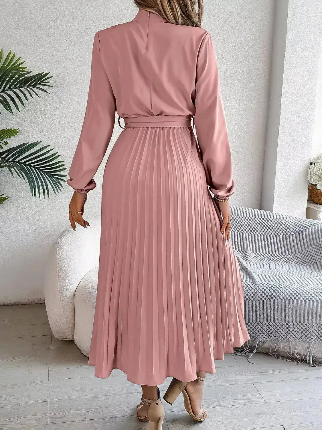 Mock Neck Pleated Midi Dress - DaisyDrop 