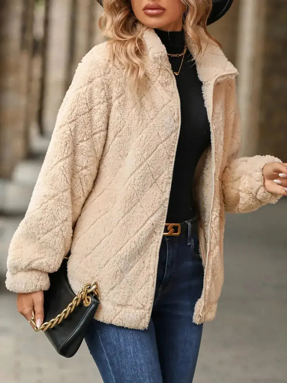 Fuzzy Pocketed Zip Up Jacket - DaisyDrop 