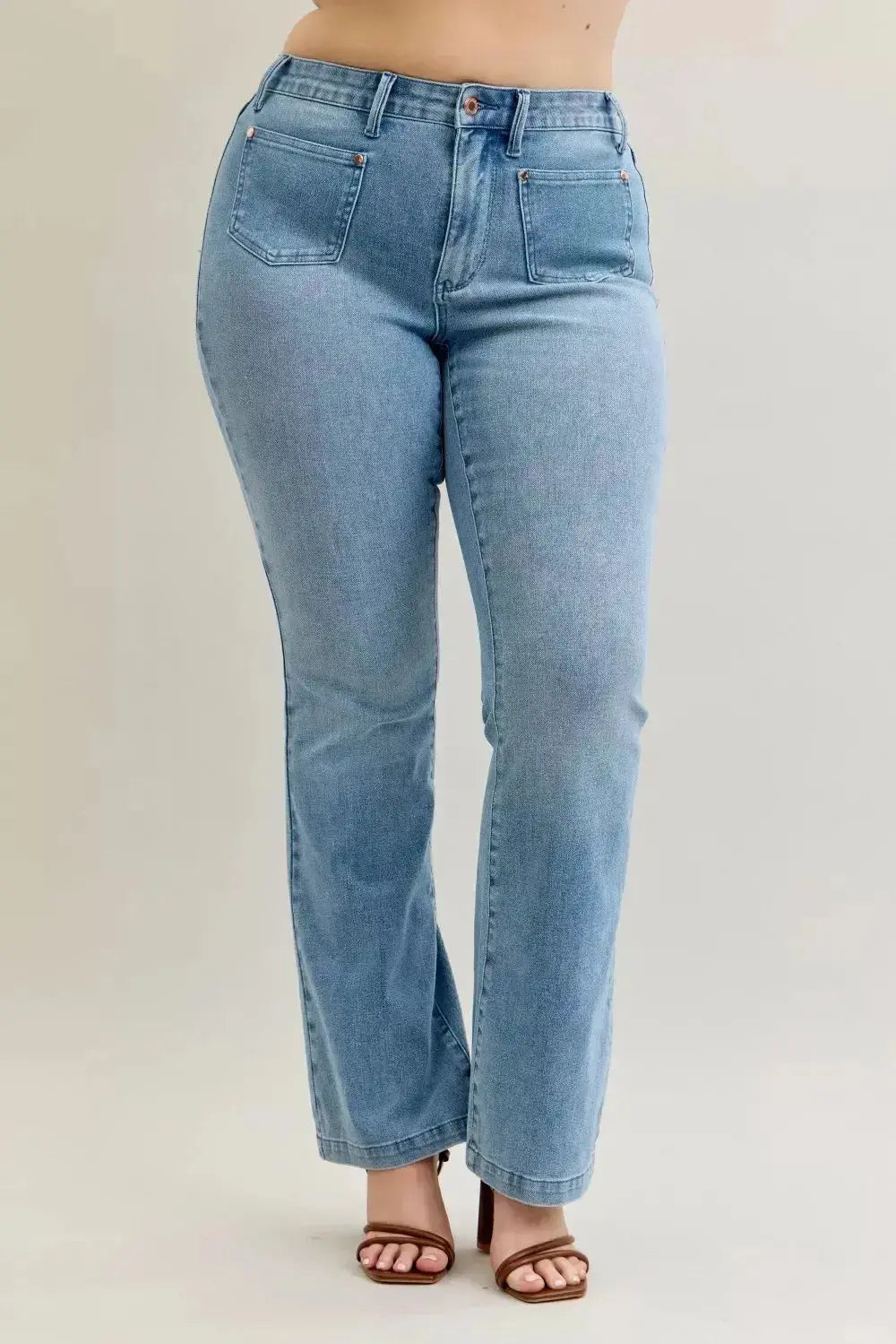 Judy Blue Full Size Mid Rise Bootcut Jeans with Contrast Wash & Front Patch Pockets Plus Size - DaisyDrop 