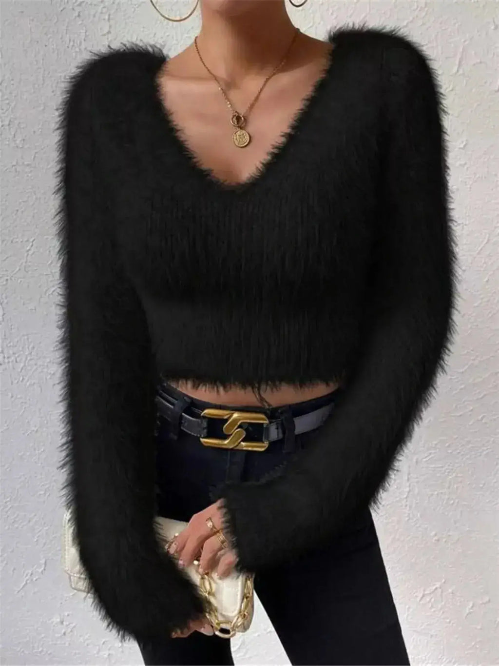 Fluffy Knit V-Neck Sweater - DaisyDrop 