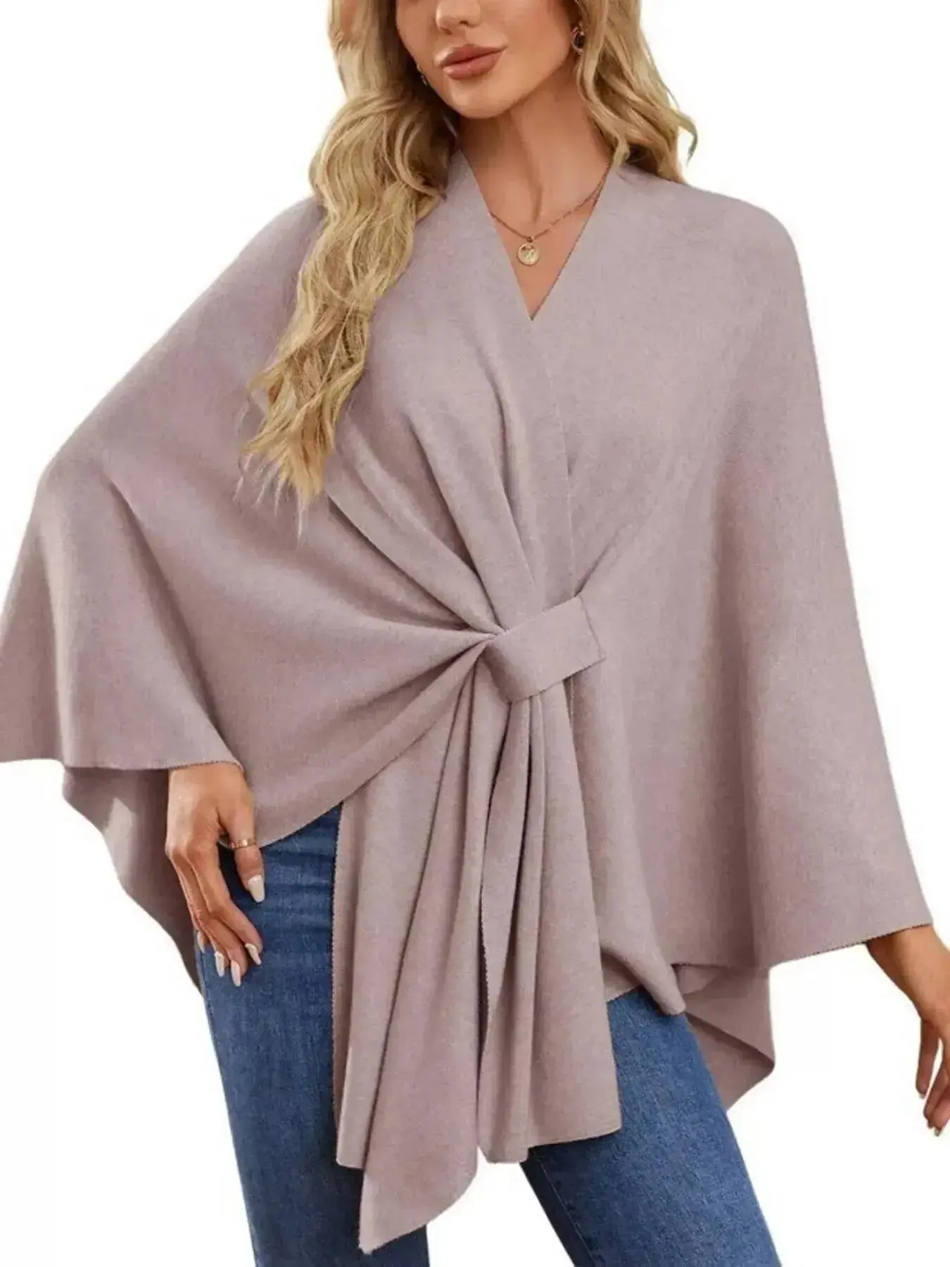 Solid Color Tie-Front Knit Cape Top - DaisyDrop 