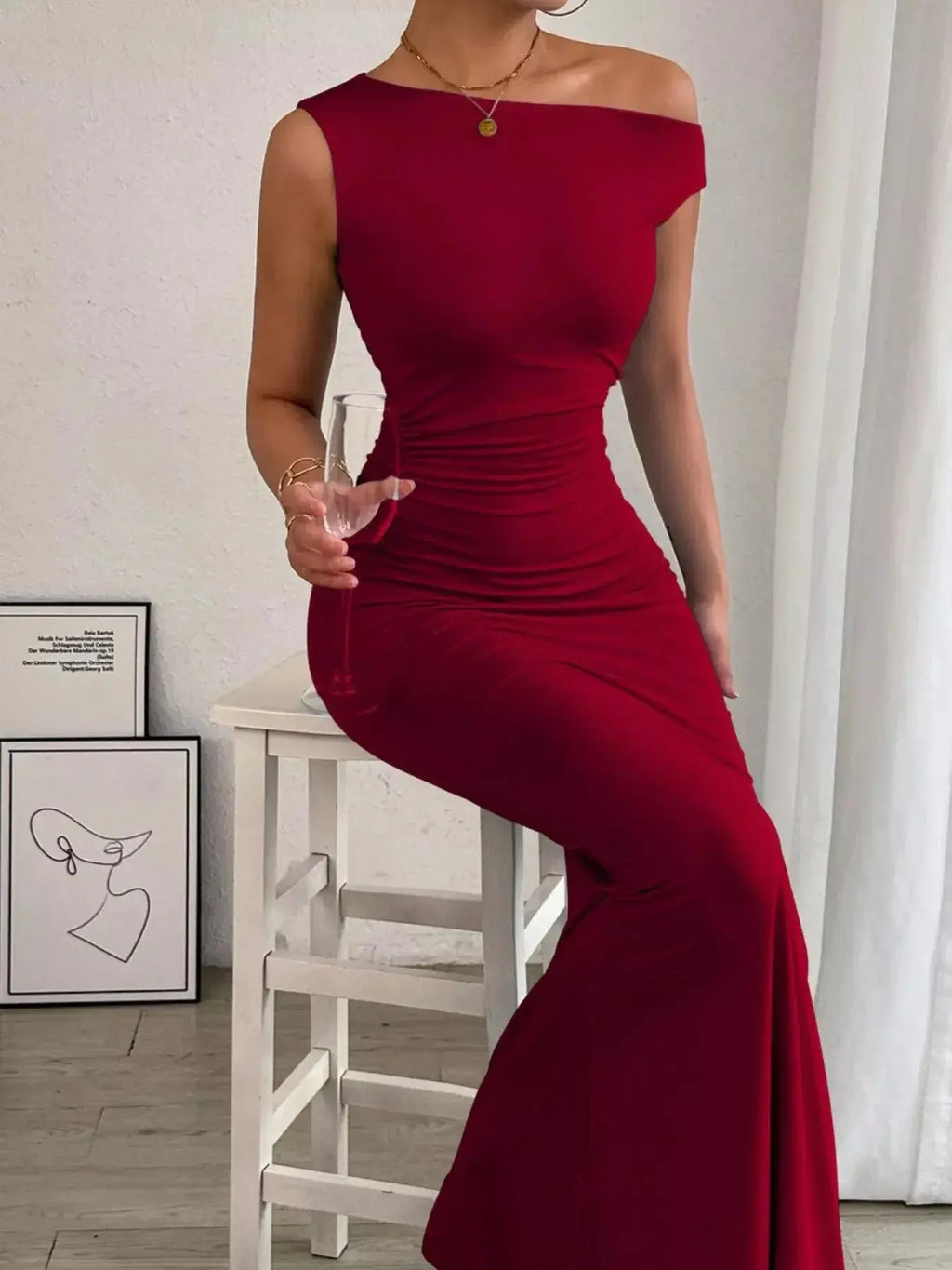 One-Shoulder Ruched Bodycon Maxi Dress - DaisyDrop 
