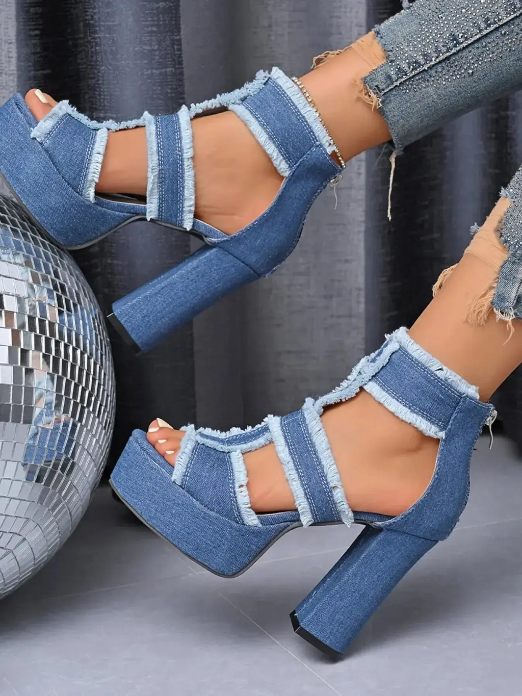 Denim Platform Block Heel Sandals with Frayed Edge Detail - DaisyDrop 