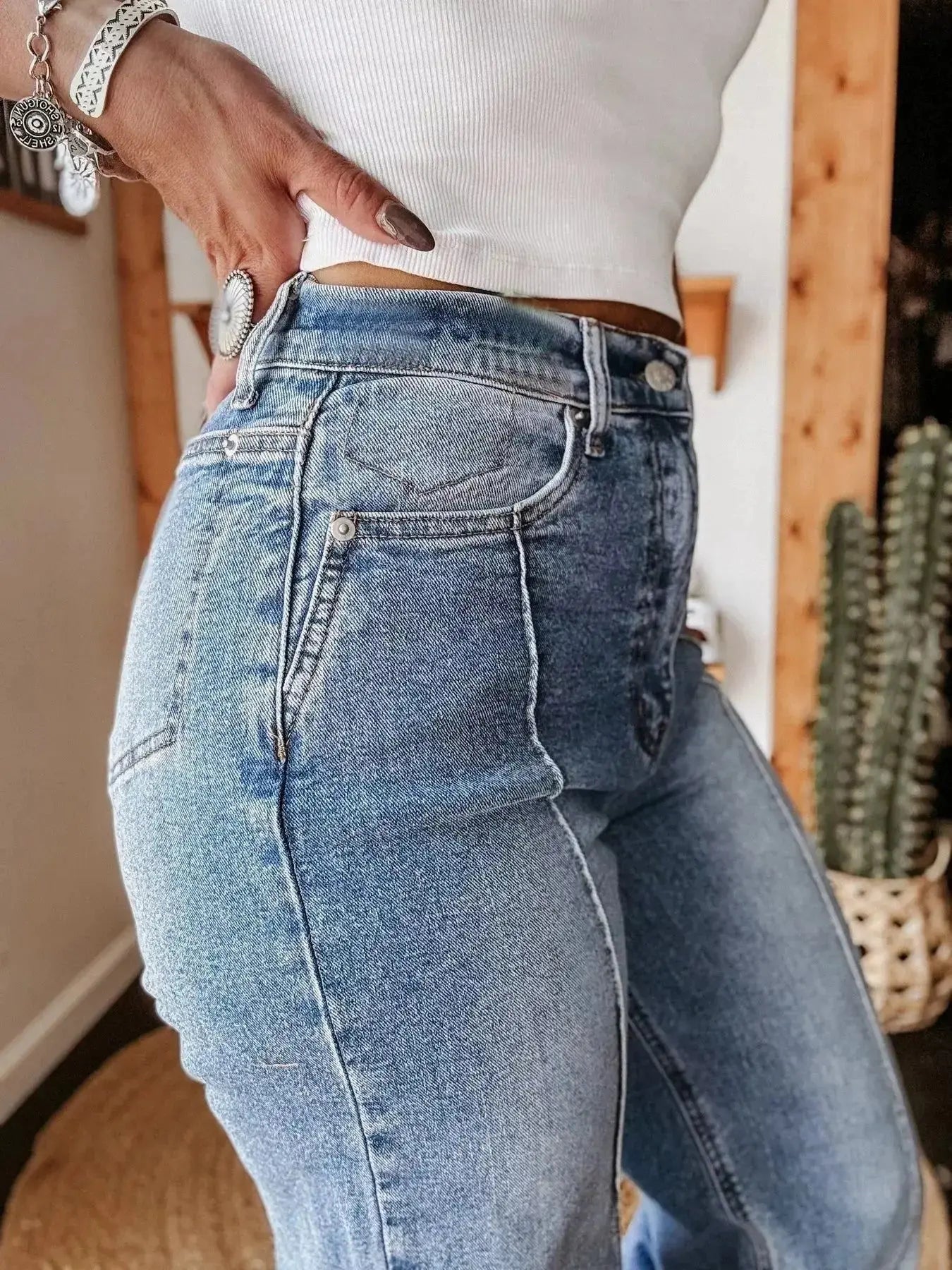 High-Waisted Wide Leg Cuffed Jeans - DaisyDrop 