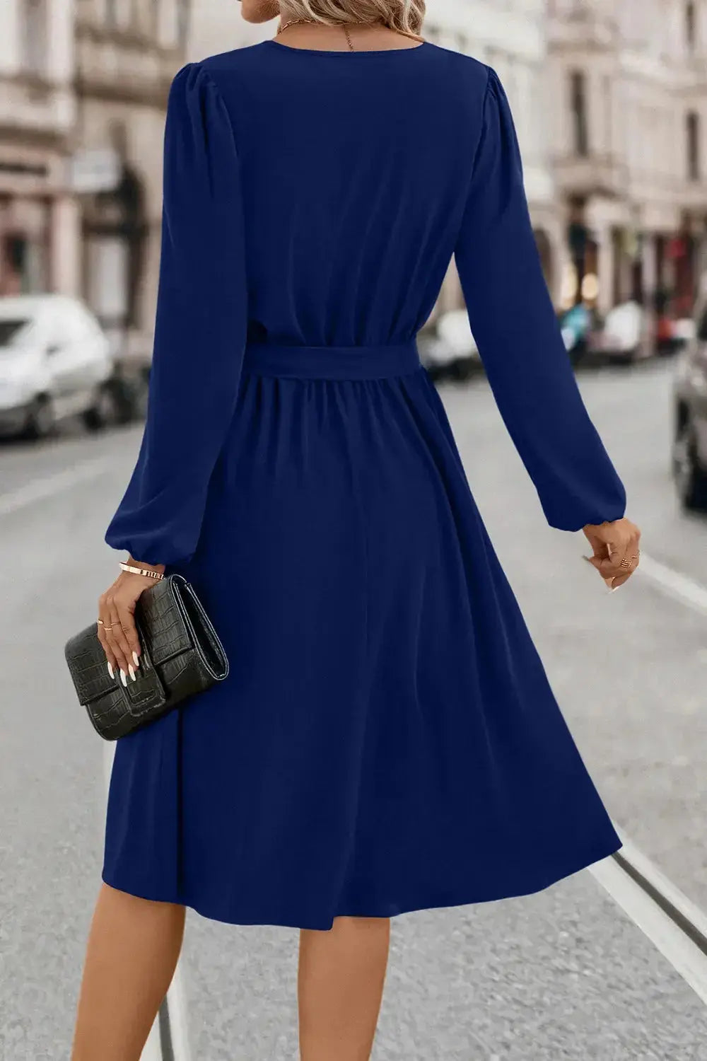 Tie Waist Notched Neck Long Sleeve Dress - DaisyDrop 