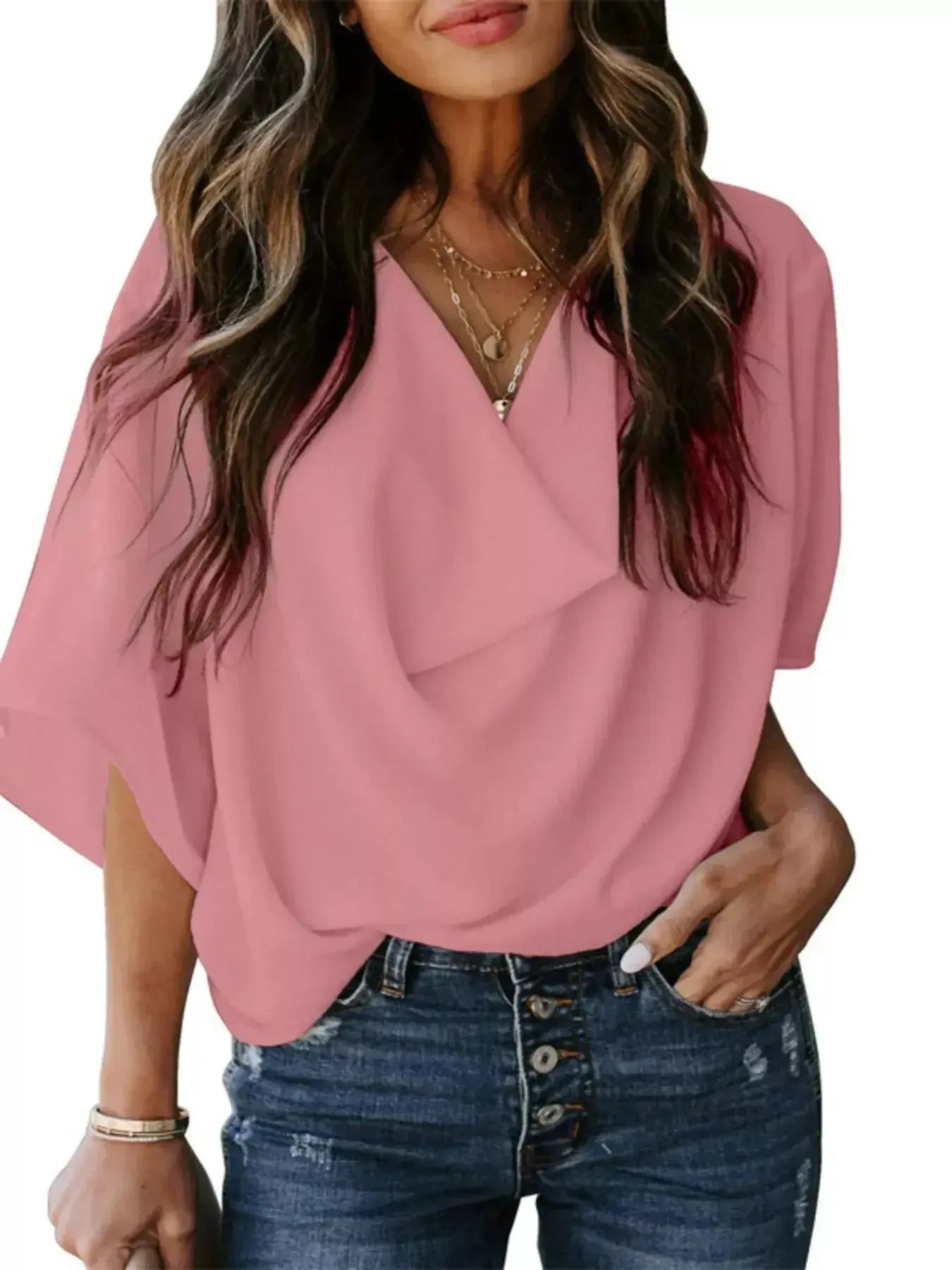 Full Size Half Sleeve Flowy Blouse Plus Size - DaisyDrop 